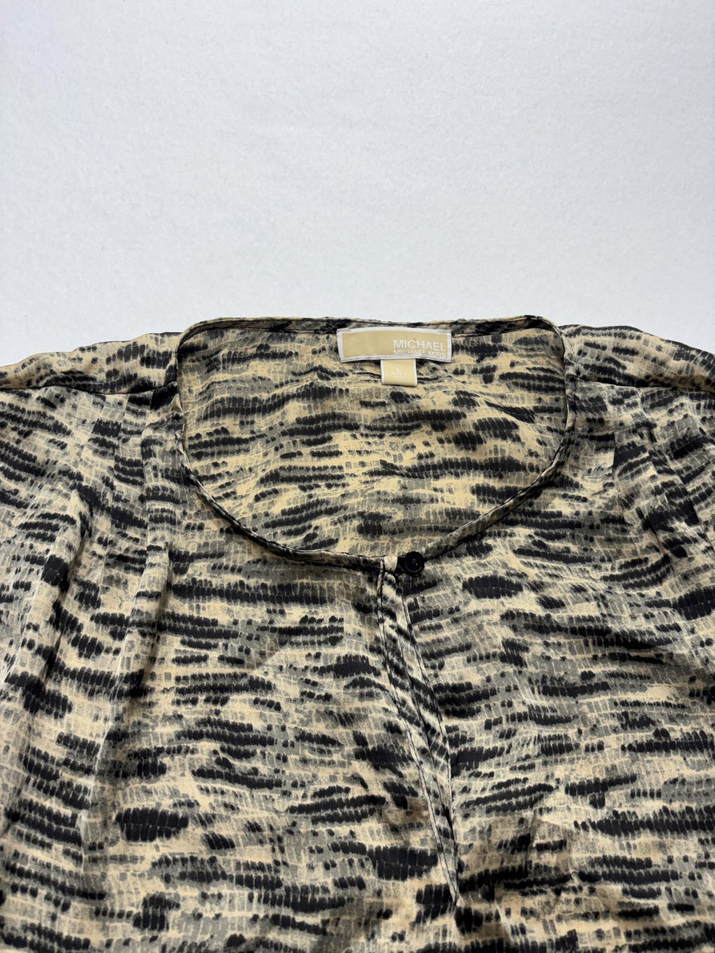 MICHAEL Michael Kors Top Womens L Beige Animal Print Tunic Henley Sheer Blouse