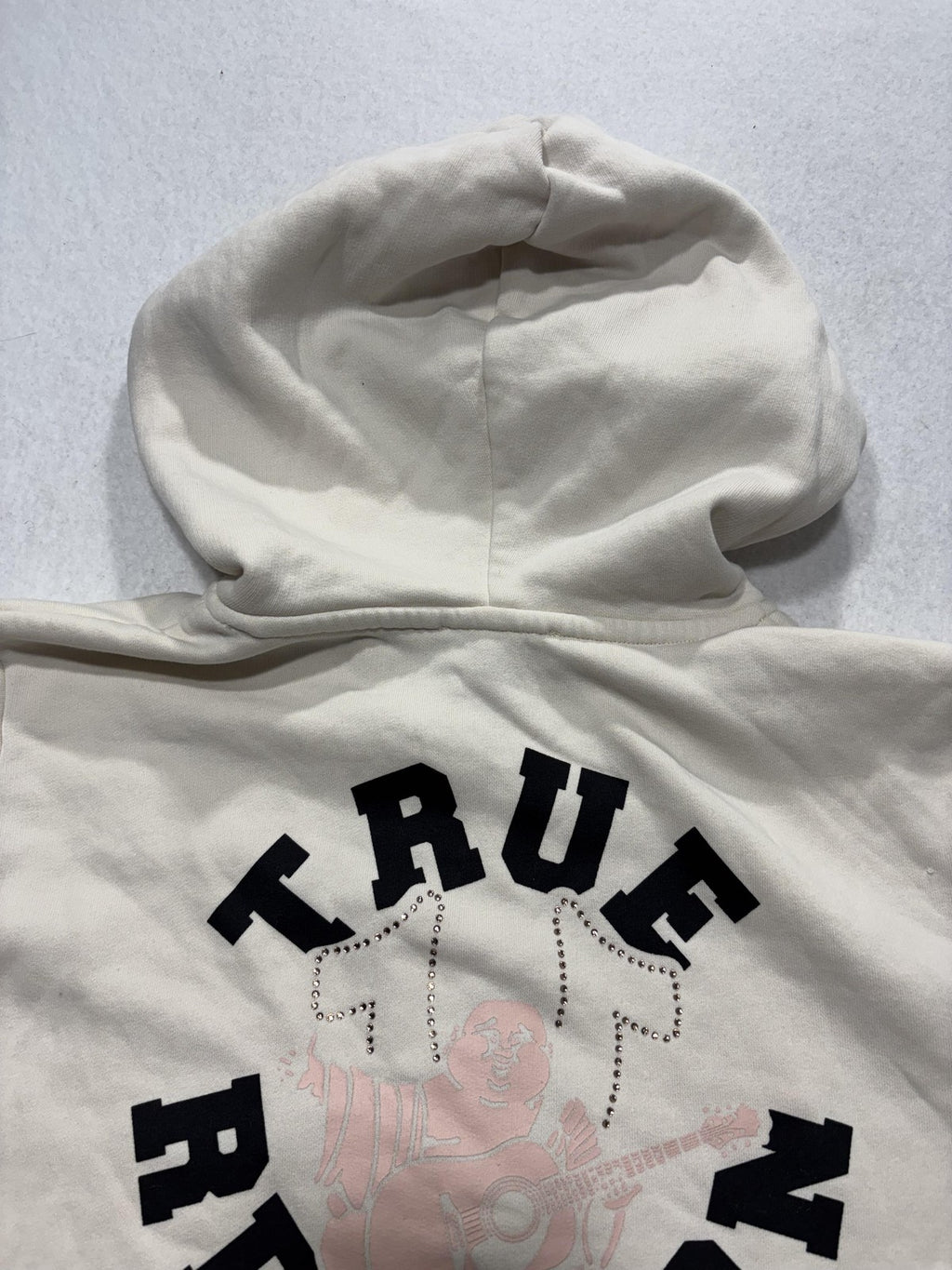 True Religion Hoodie Womens XL White Rhinestone Logo Full Zip Graphic Buddha