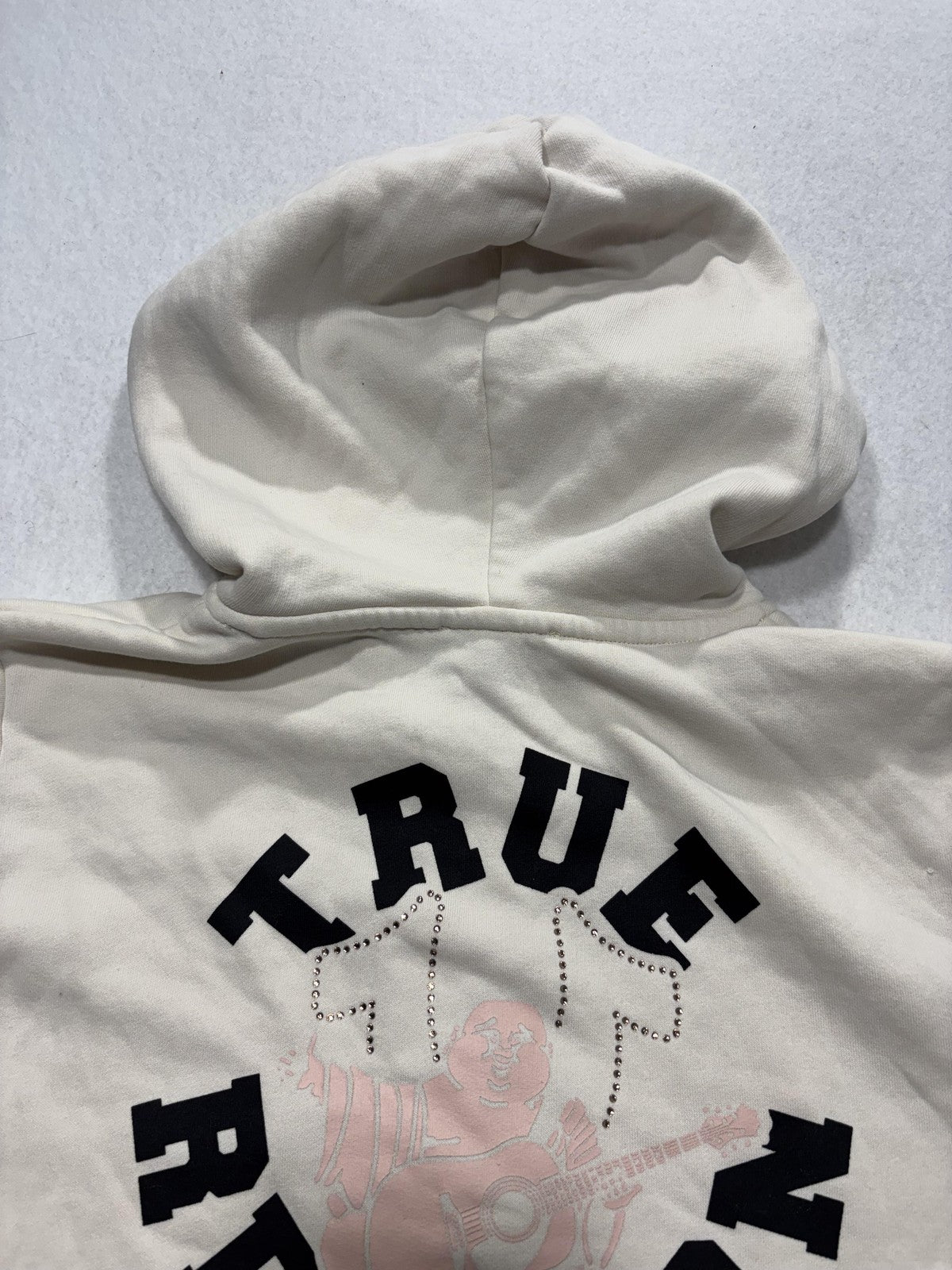 True Religion Hoodie Womens XL White Rhinestone Logo Full Zip Graphic Buddha