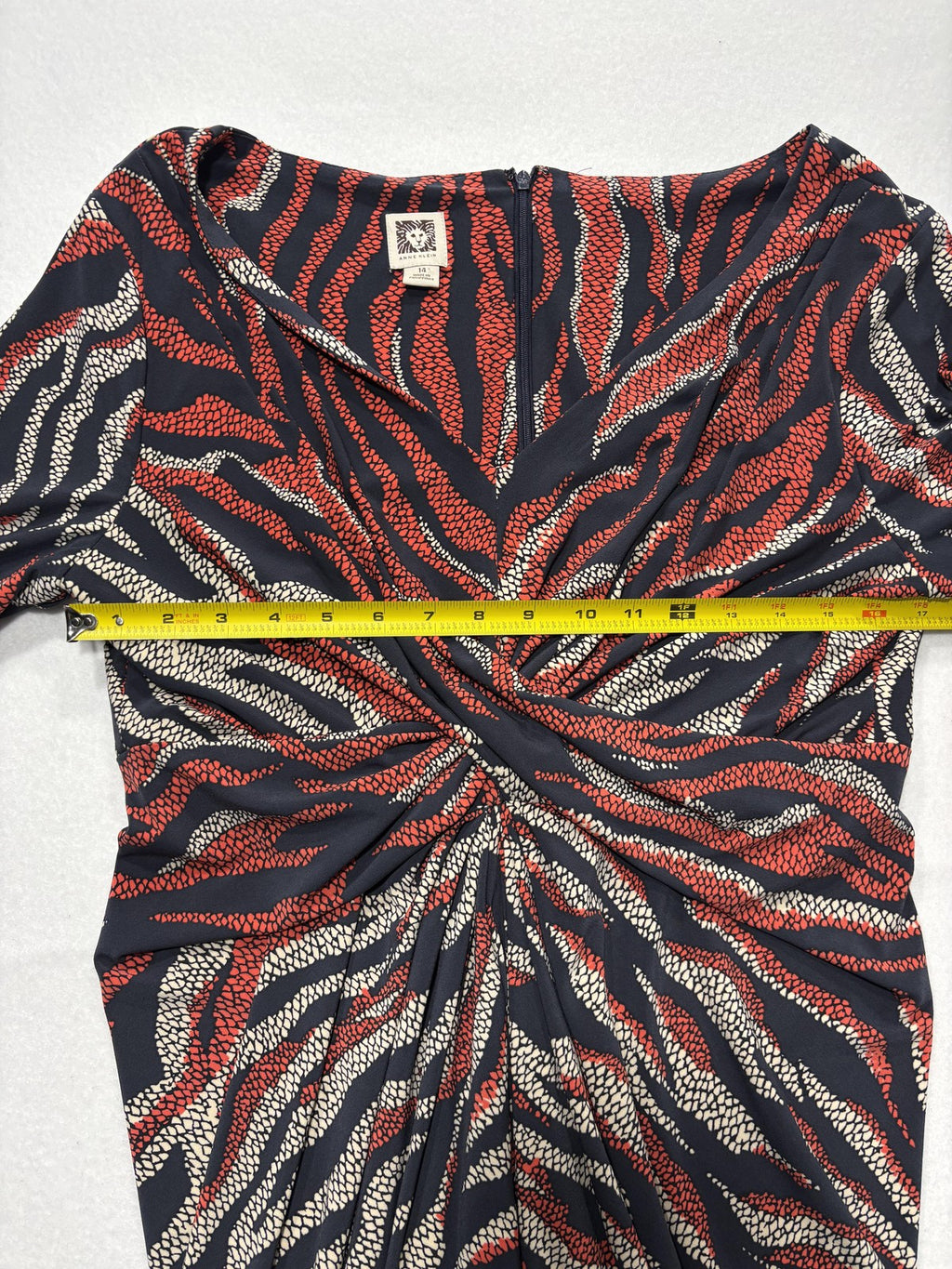 Anne Klein Dress Womens 14 Multi Animal Ruched Sheath 3/4 Sleeve Knee Length