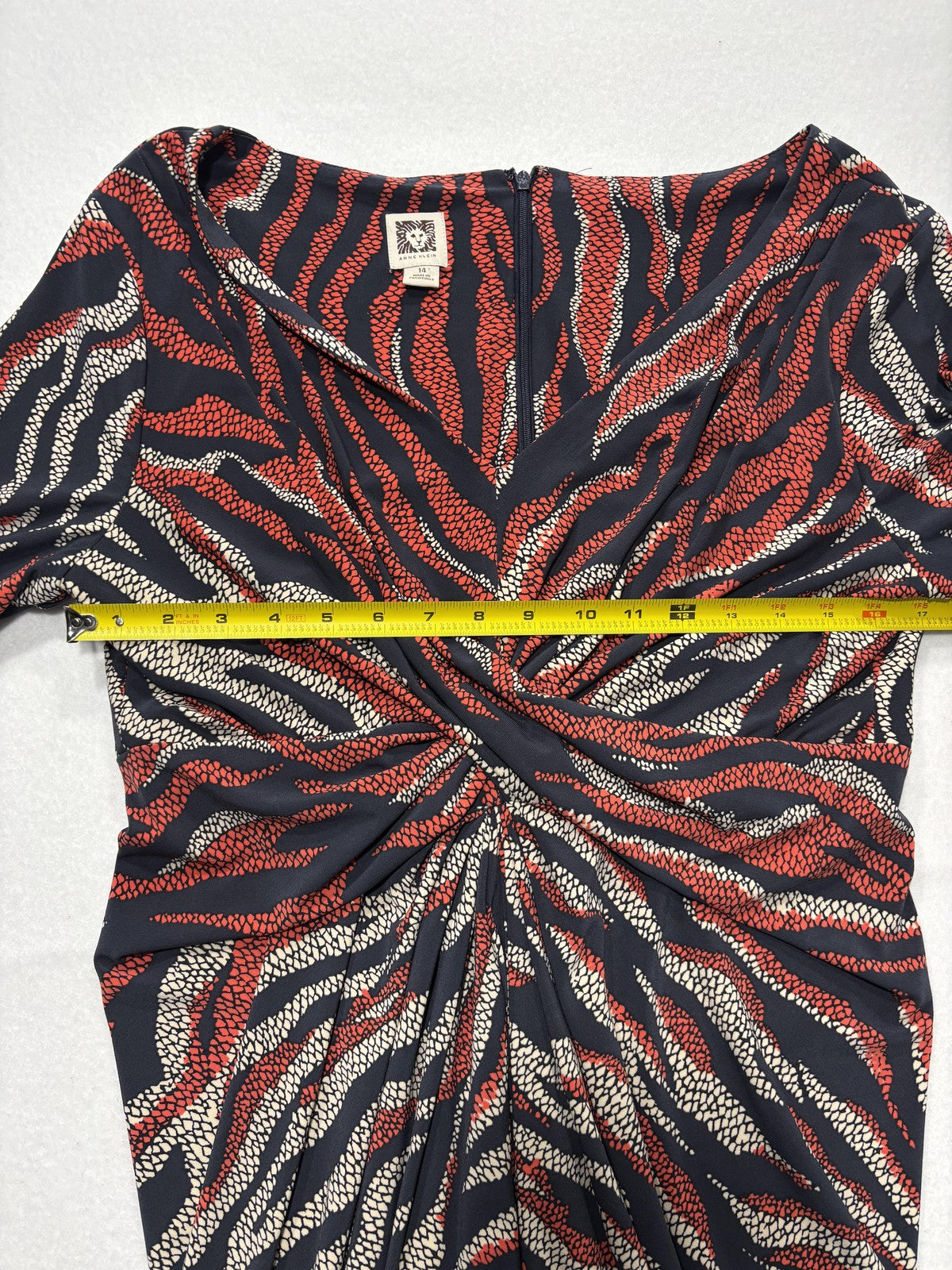 Anne Klein Dress Womens 14 Multi Animal Ruched Sheath 3/4 Sleeve Knee Length