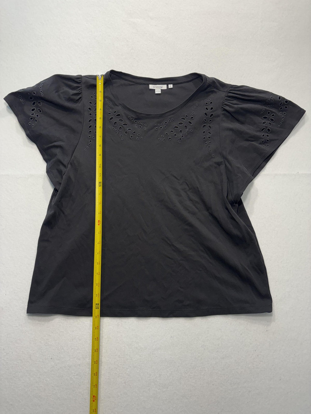 Chico's Shirt Womens XL Black Crew Neck Flutter Sleeve Eyelet Cotton Top