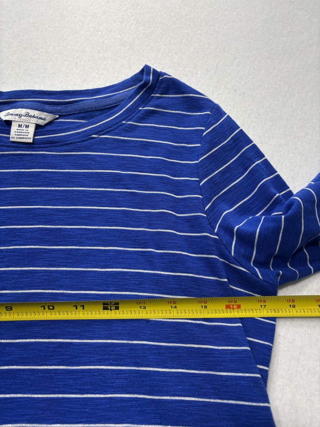 Tommy Bahama Shirt Womens Medium Blue Stripe Crew Neck 3/4 Sleeve Tunic Top