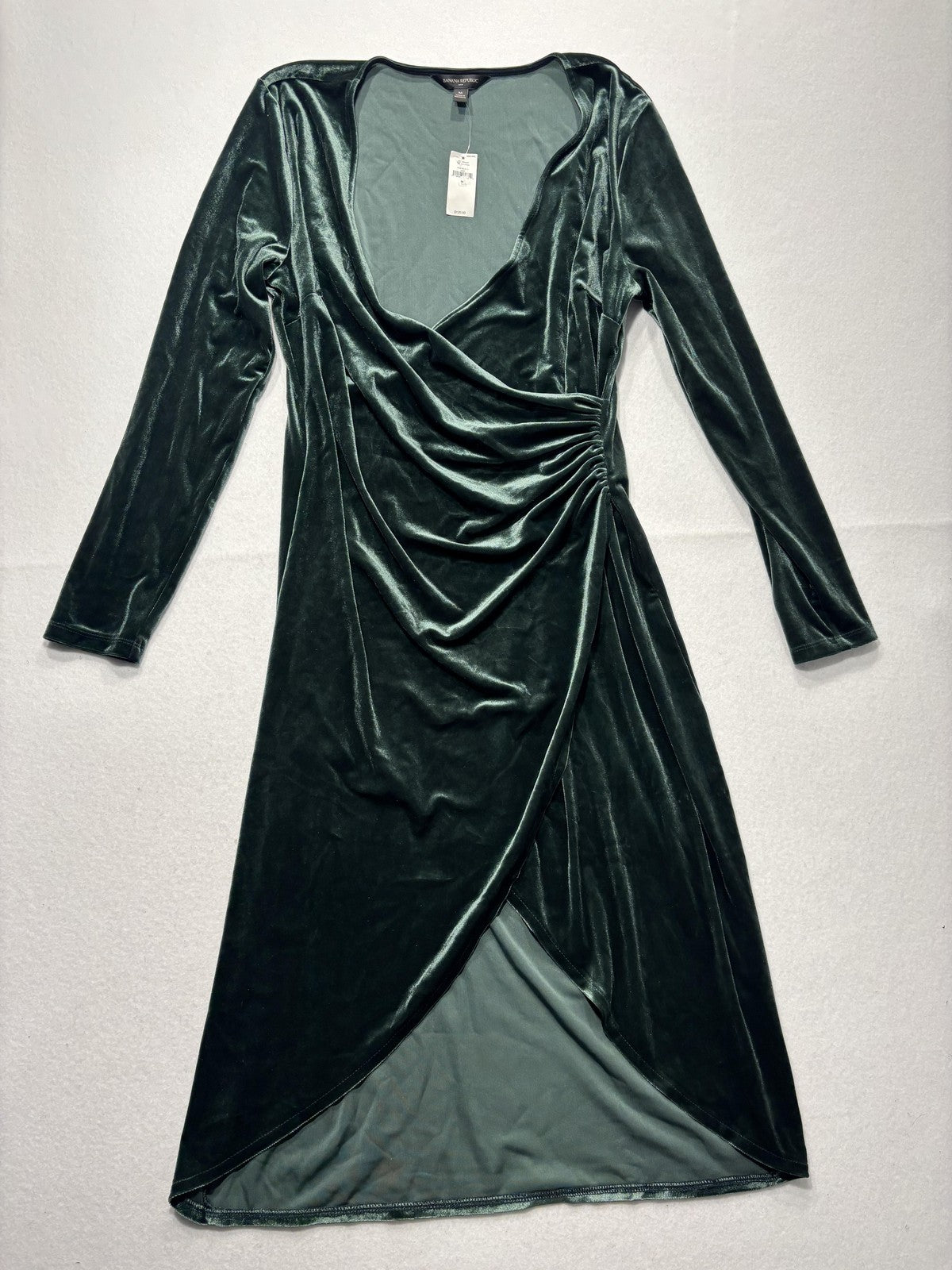 Banana Republic Dress Womens M Green Velvet V Neck Ruched Wrap Long Sleeve Midi
