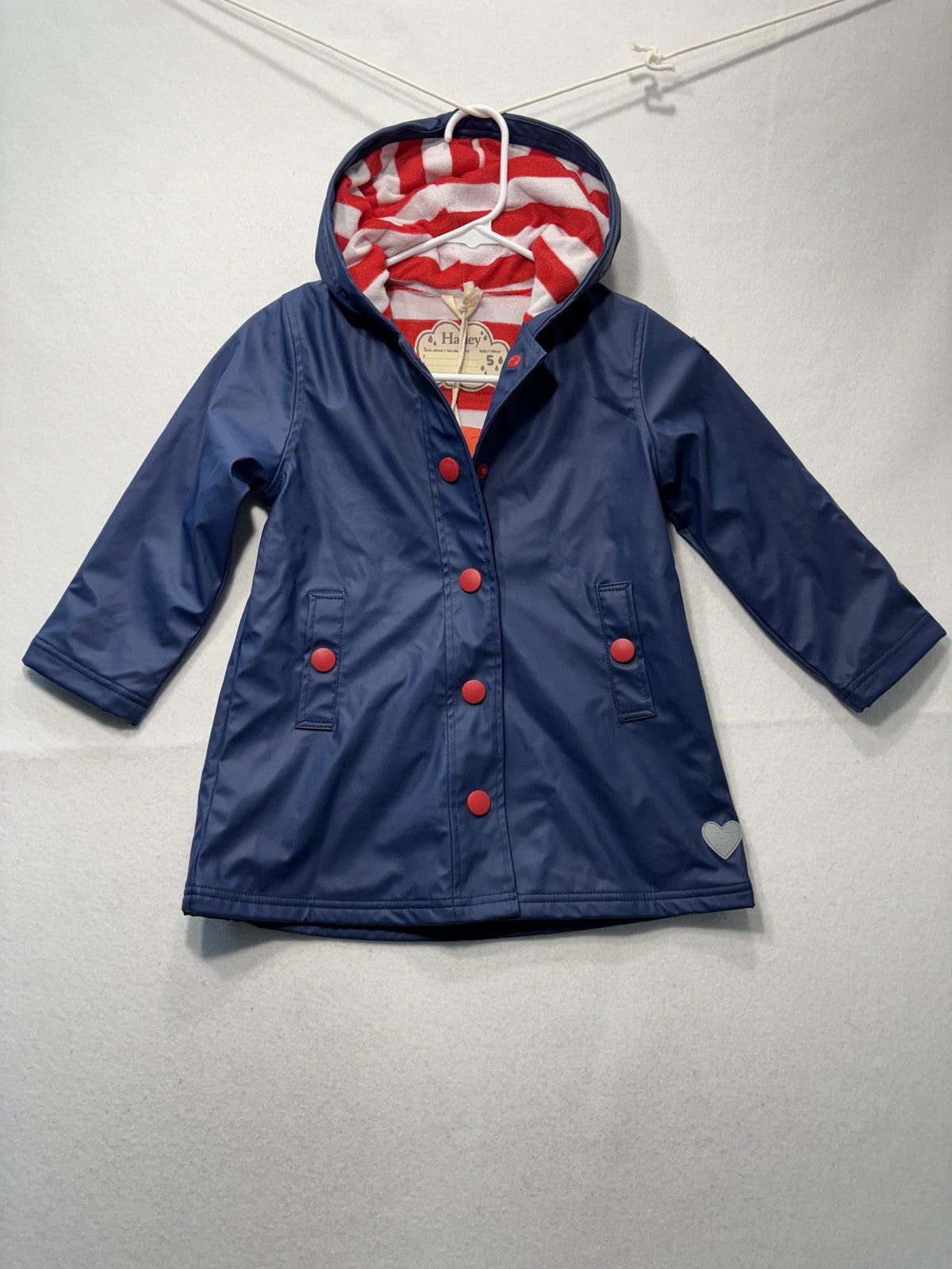 Hatley Rain Coat Girls 5 Blue Hooded Waterproof Lined Jacket Striped Buttons