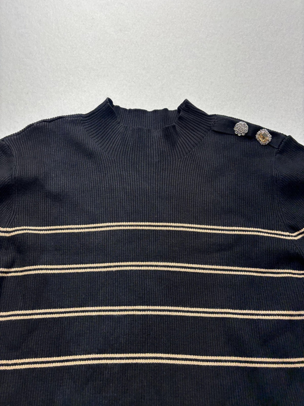 Ellen Tracy Sweater Womens Large Black Stripe Mock Neck Jeweled Shoulder Knit