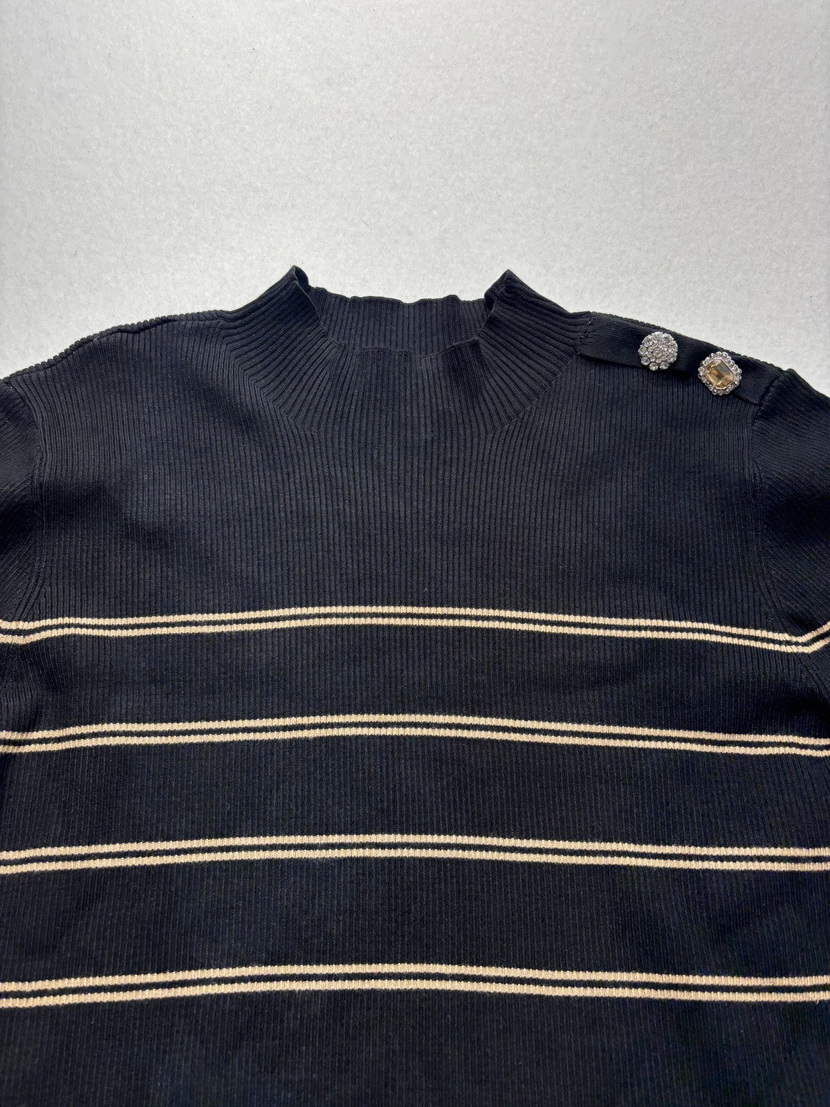 Ellen Tracy Sweater Womens Large Black Stripe Mock Neck Jeweled Shoulder Knit