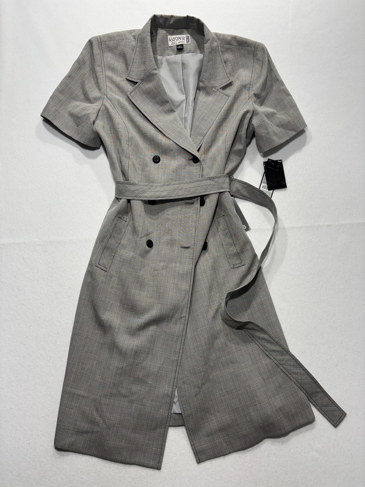 Kasper ASL Jacket Dress Womens 14P Gray Plaid Short Sleeve Belted Workwear