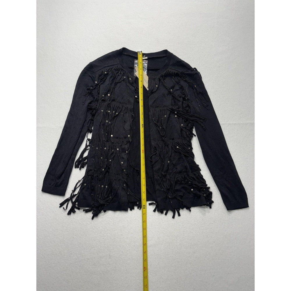 Chan Luu Cardigan Womens XS Black Fringe Sequin Knit Open Front Boho Long Sleeve