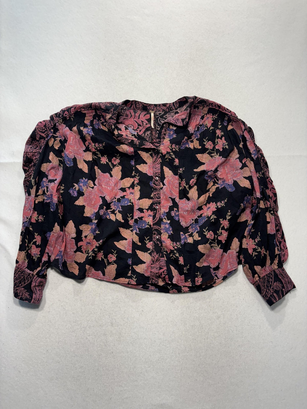 Free People Blouse Womens Medium Black Floral Round Neck Button Long Sleeve Top