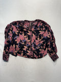 Free People Blouse Womens Medium Black Floral Round Neck Button Long Sleeve Top