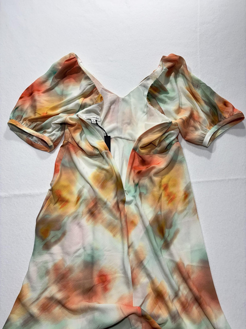 Banana Republic Dress Womens 10 Multi Floral V Neck Puff Sleeve Fit Flare Midi