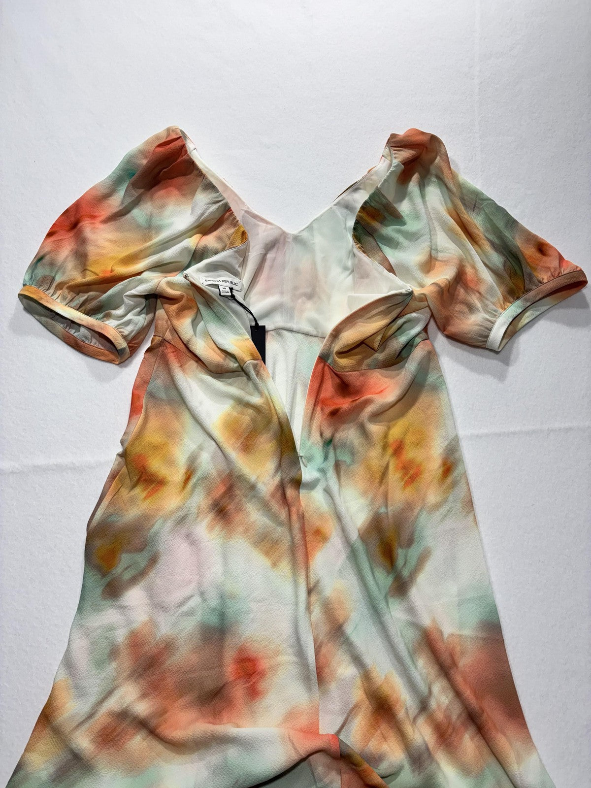 Banana Republic Dress Womens 10 Multi Floral V Neck Puff Sleeve Fit Flare Midi
