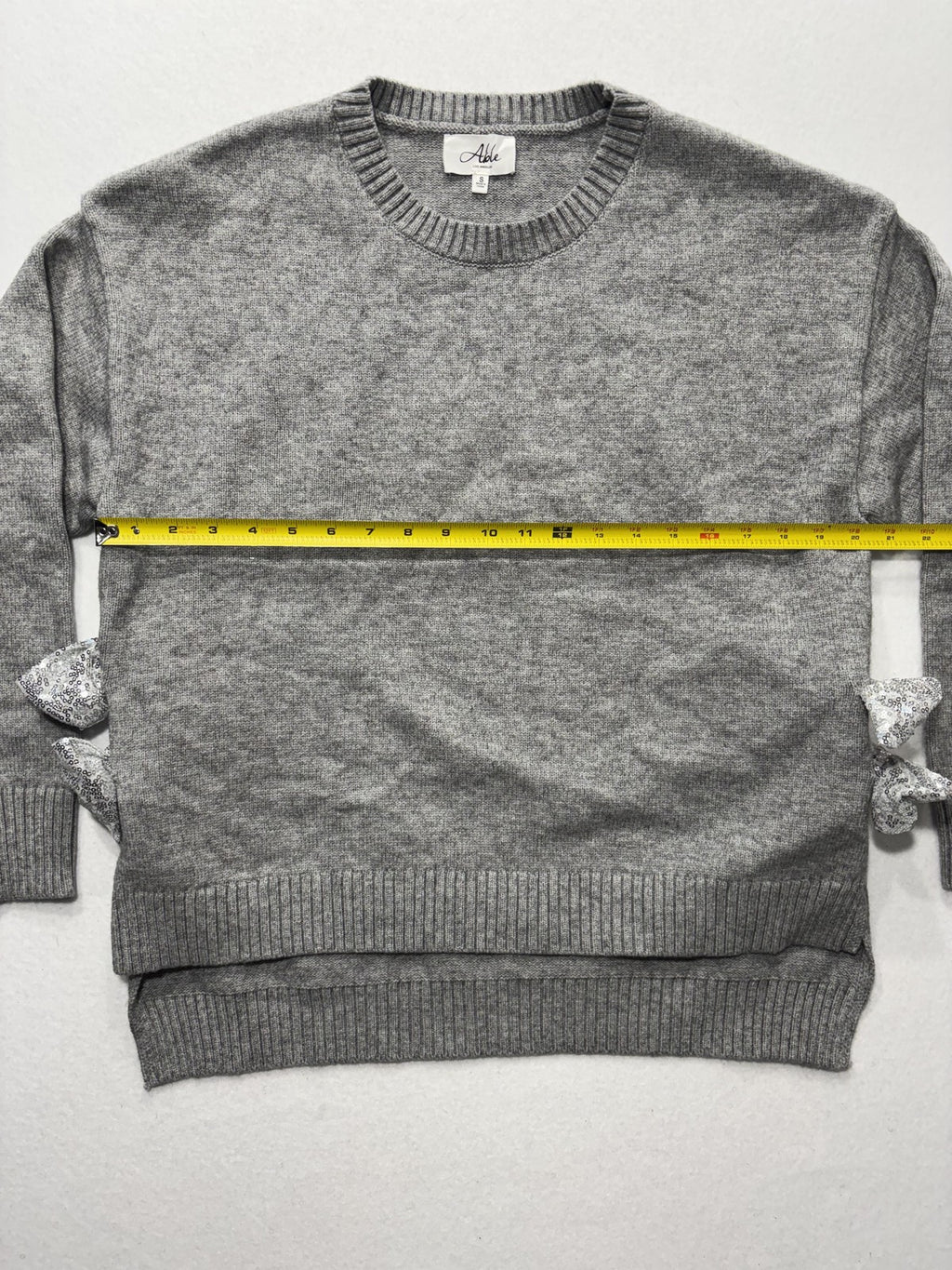 Able Sweater Womens Small Gray Crew Neck Sequin Bow Side Slit Knit Pullover