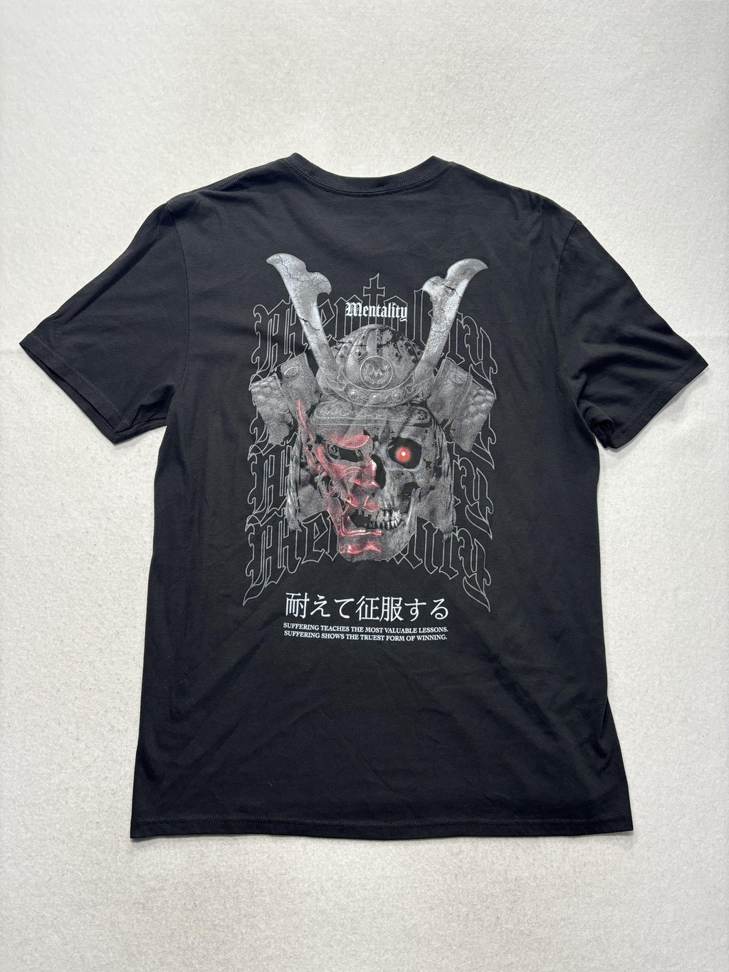 Mentality Shirt Mens Large Black Samurai Skull Graphic Tee Kanji Motto Back