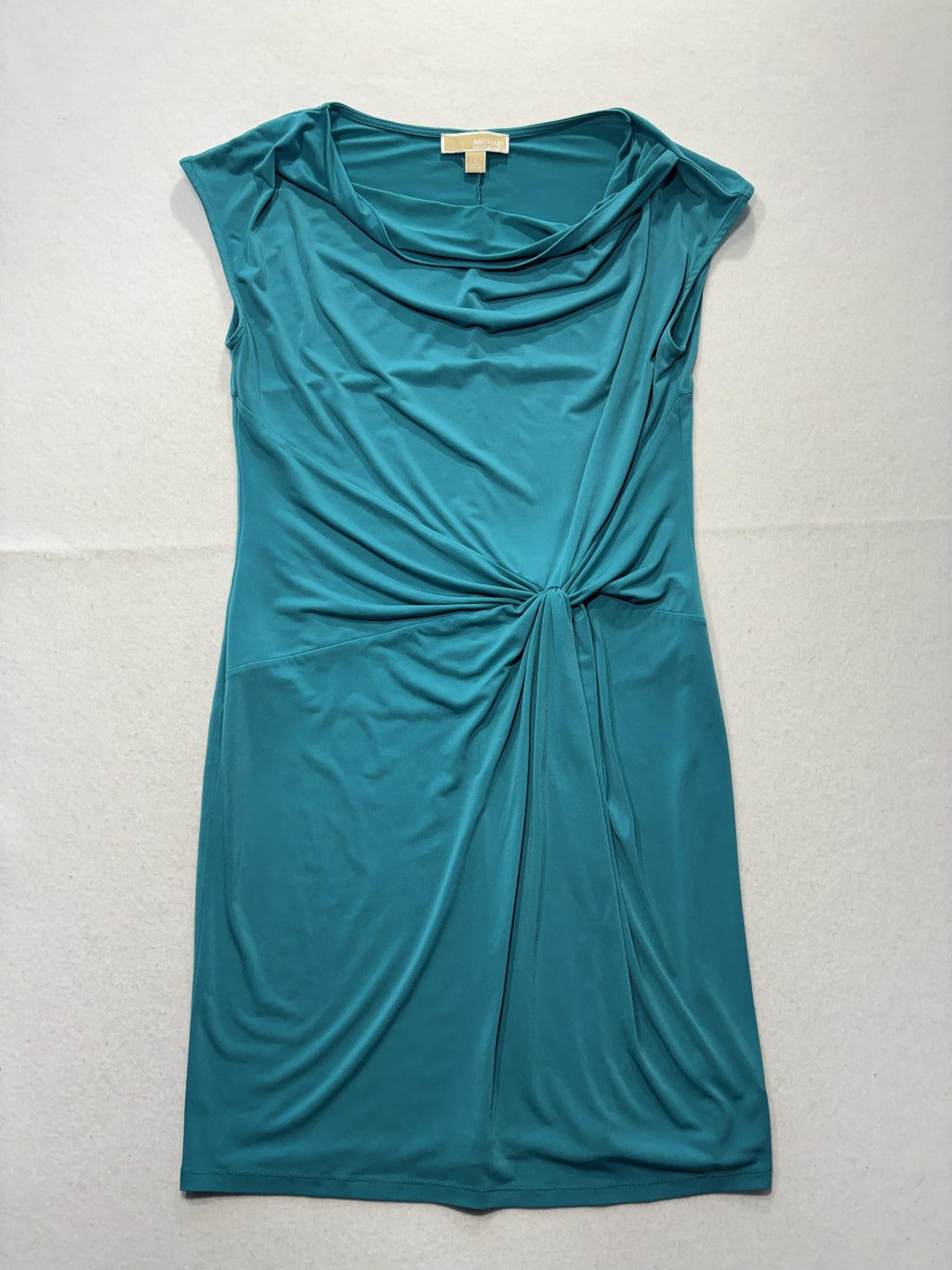 MICHAEL Michael Kors Dress Womens Large Blue Cowl Neck Ruched Sheath Knee Length
