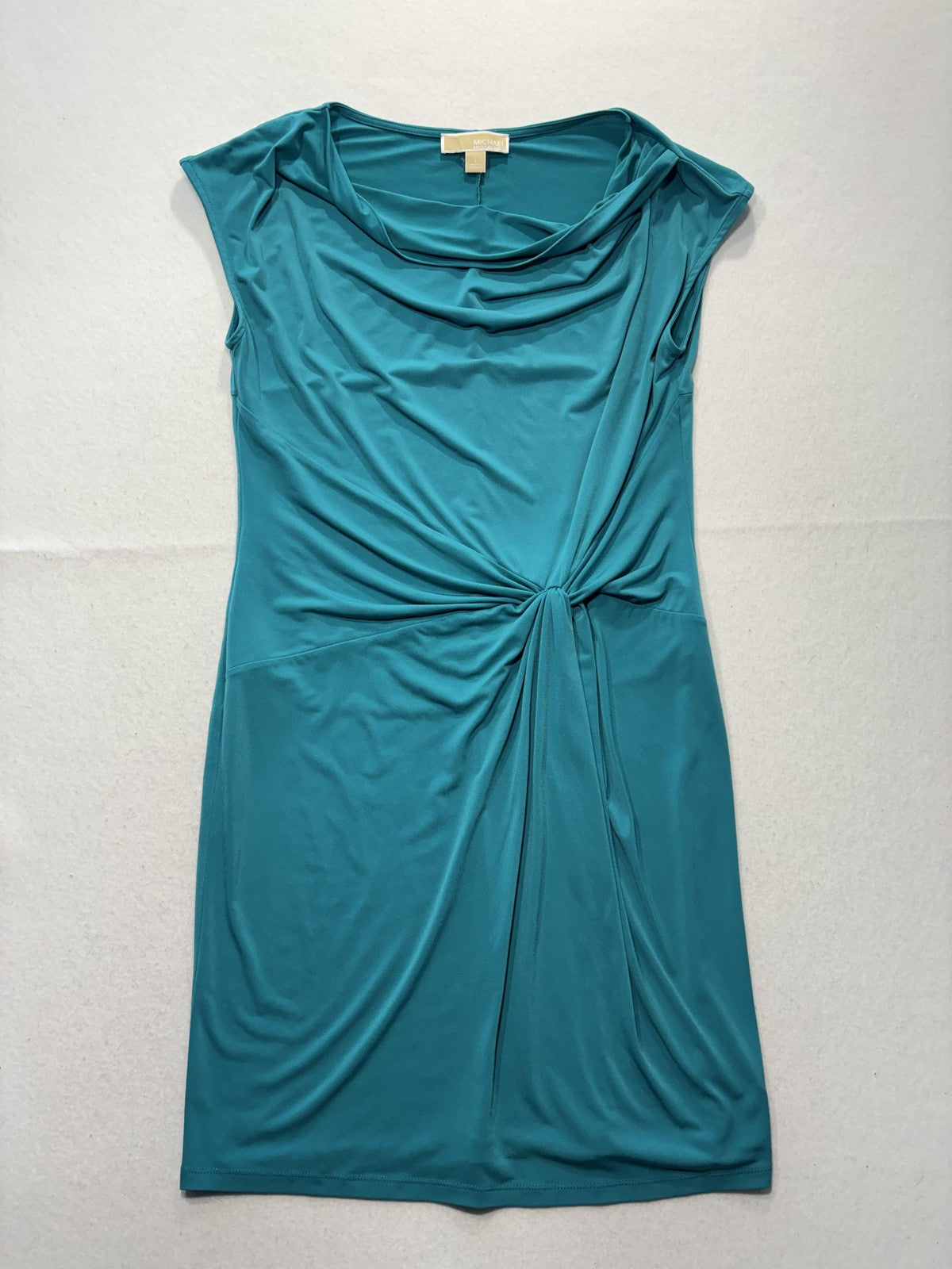 MICHAEL Michael Kors Dress Womens Large Blue Cowl Neck Ruched Sheath Knee Length