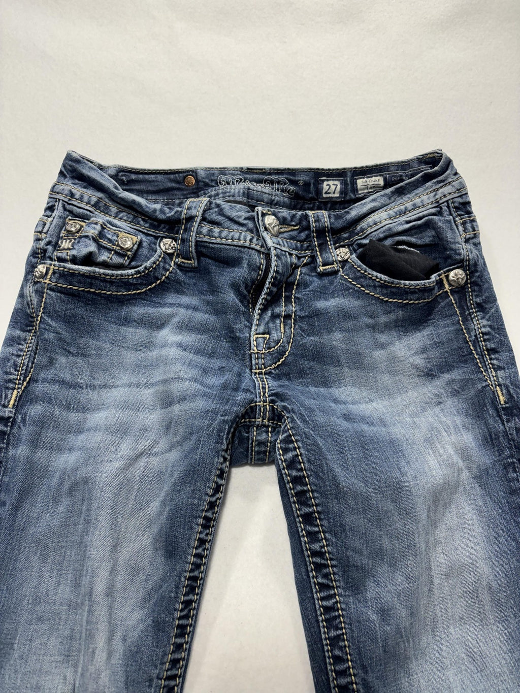 Miss Me Jeans Womens 27 Blue Signature Bootcut Low Rise Embellished 28x33