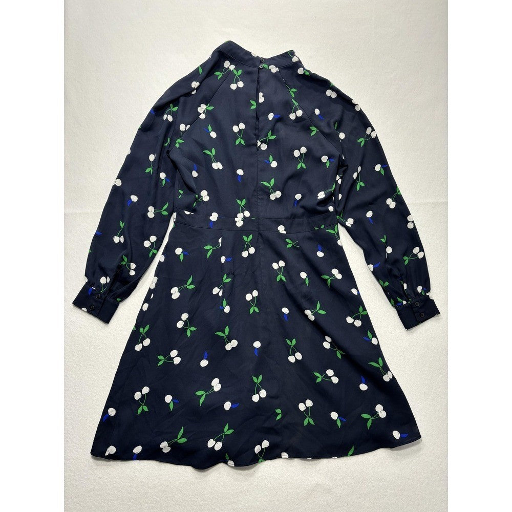 Banana Republic Dress Womens 6 Blue Cherry Print Mock Neck Long Sleeve Fit Flare