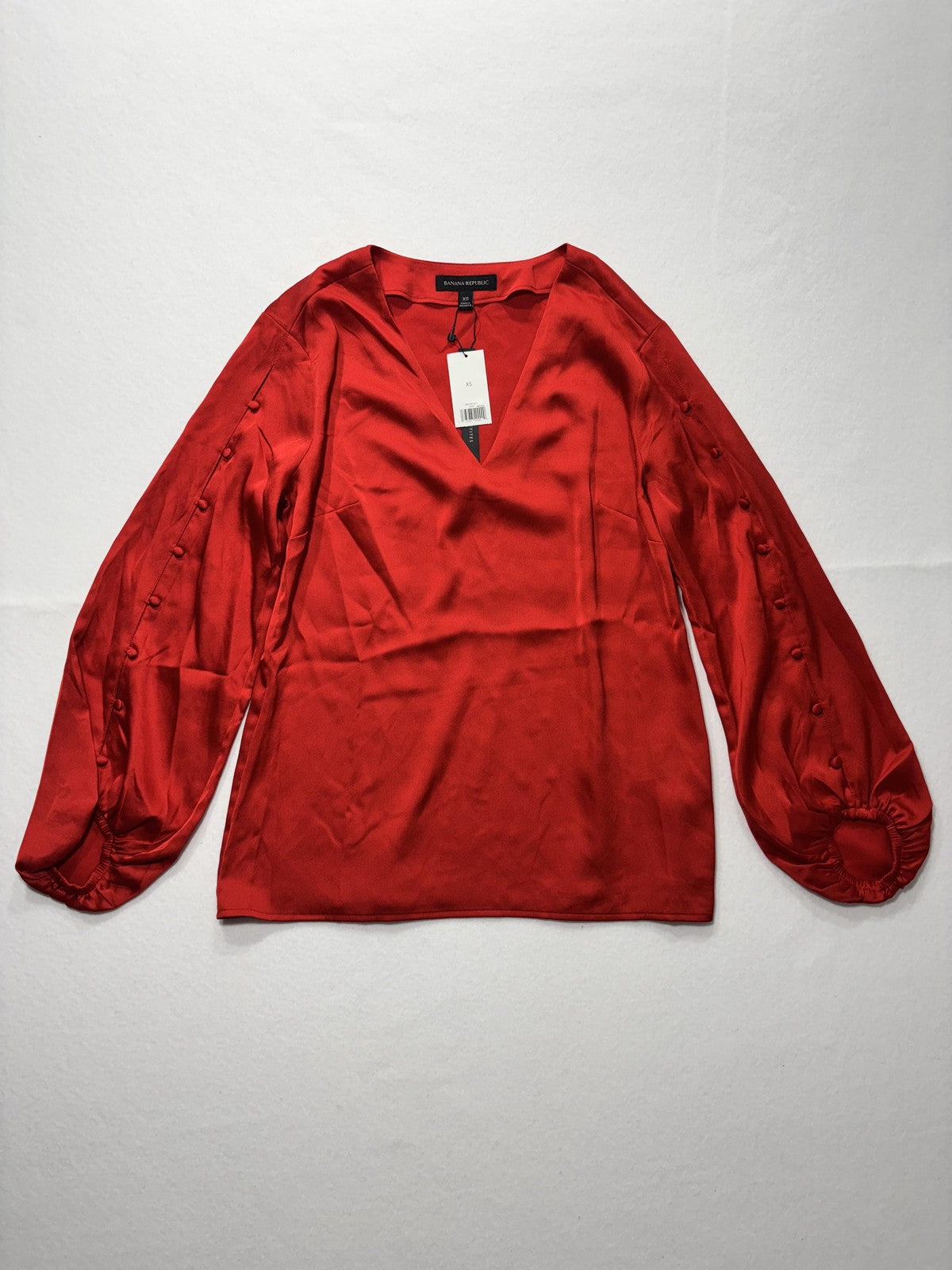 Banana Republic Blouse Womens XS Red Satin V Neck Button Balloon Sleeve Top