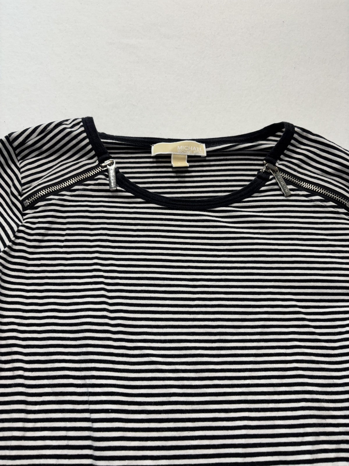 MICHAEL Michael Kors Shirt Womens Large Black Stripe Zip Shoulder Long Sleeve