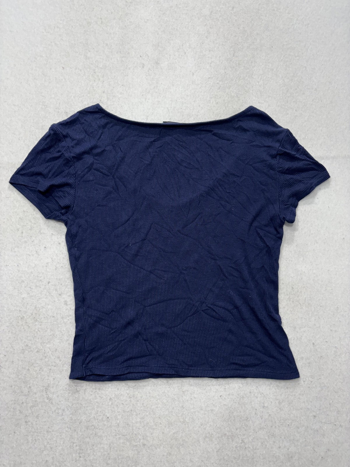 Derek Heart Shirt Womens Medium Blue V Neck Ribbed Cropped Tee Casual Stretch