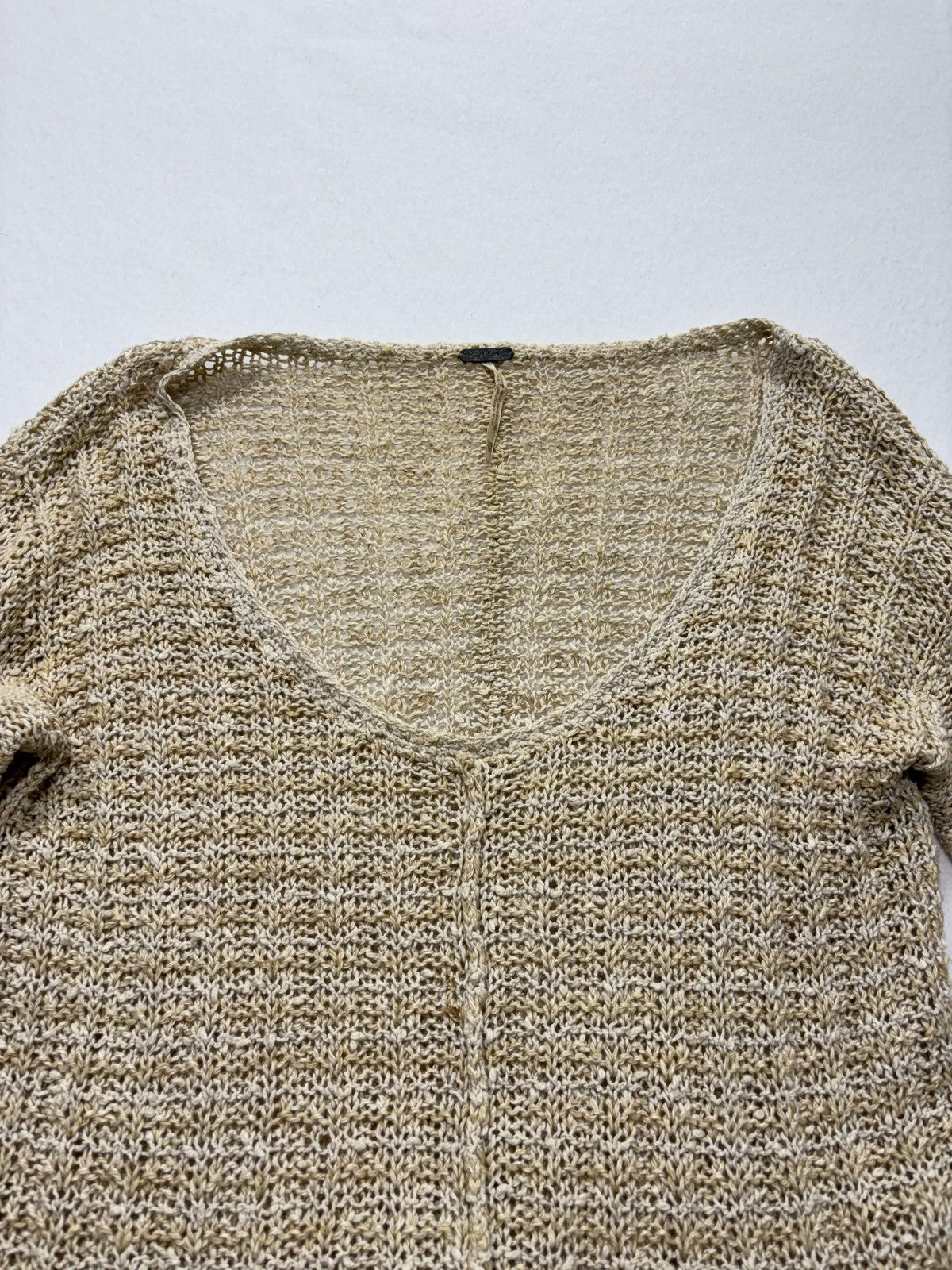 Free People Sweater Womens XS Beige V Neck Long Sleeve Open Knit Crochet Boho