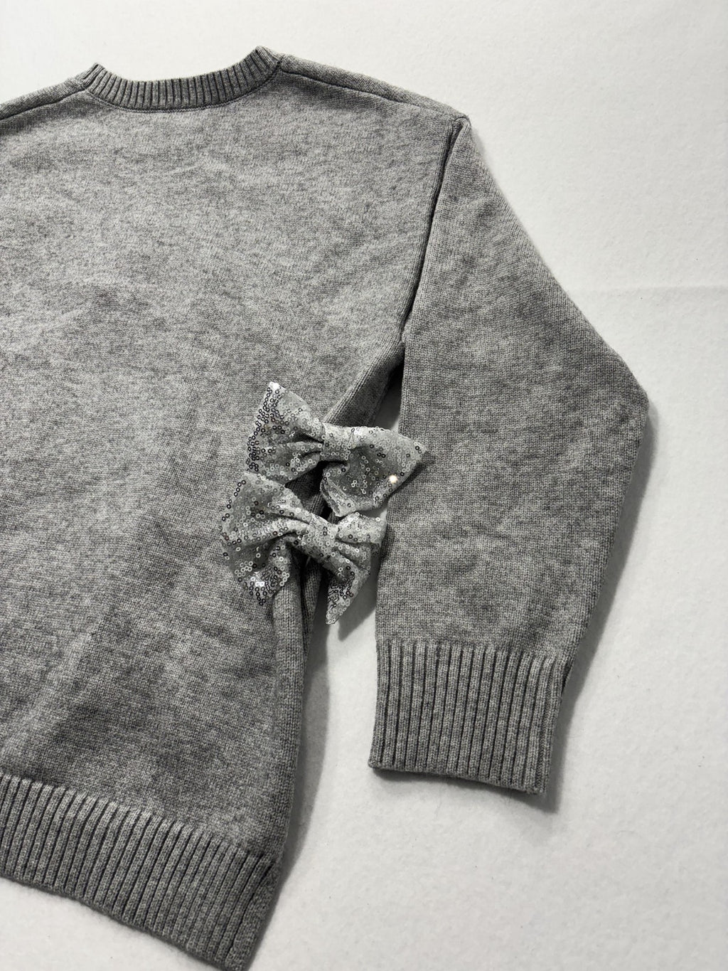 Able Sweater Womens Small Gray Crew Neck Sequin Bow Side Slit Knit Pullover