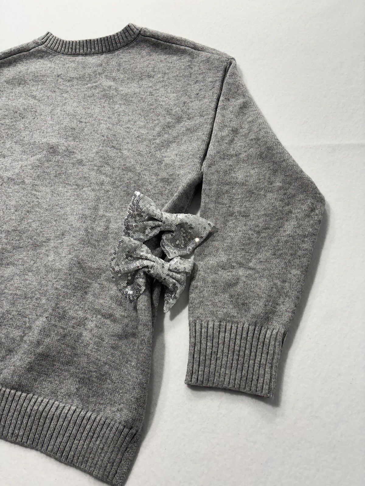 Able Sweater Womens Small Gray Crew Neck Sequin Bow Side Slit Knit Pullover