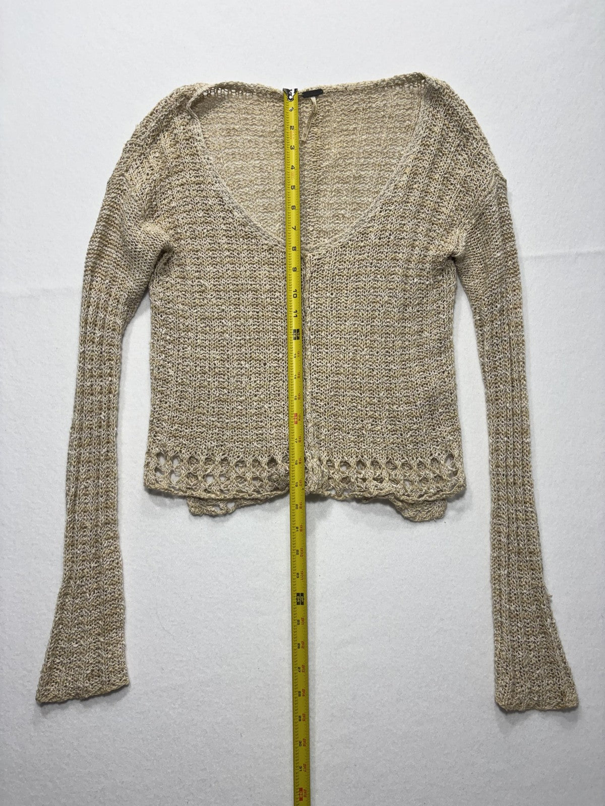 Free People Sweater Womens XS Beige V Neck Long Sleeve Open Knit Crochet Boho
