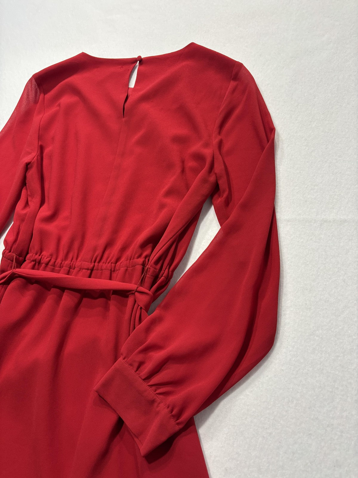 KLD Dress Womens Medium Red Chiffon Belted Fit Flare Long Sleeve Round Neck Mini
