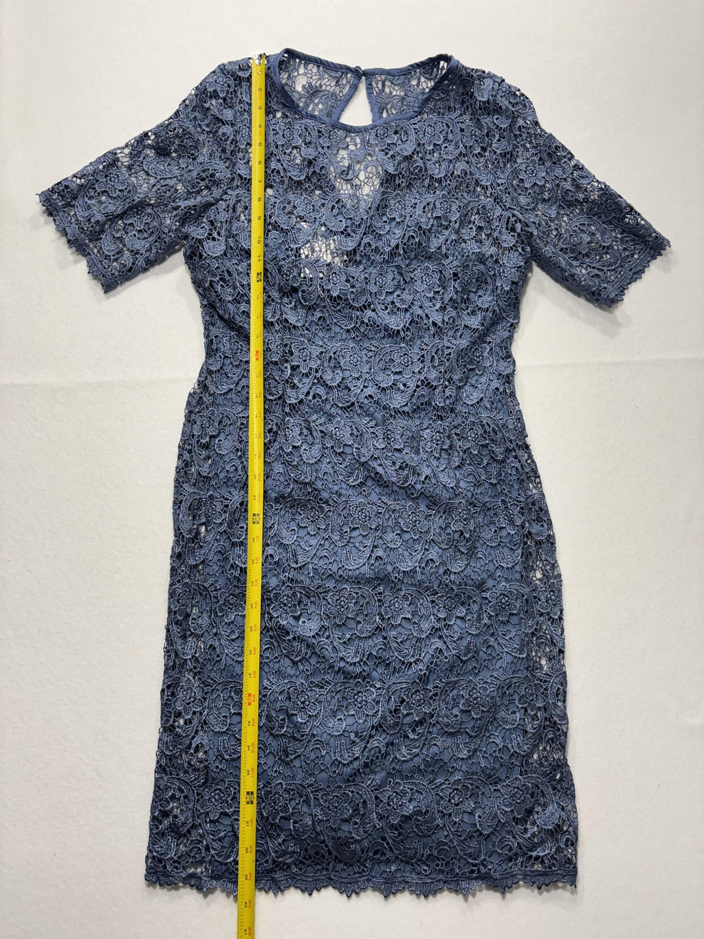 Dressbarn Dress Womens 14 Blue Floral Lace Short Sleeve Sheath Party Cocktail