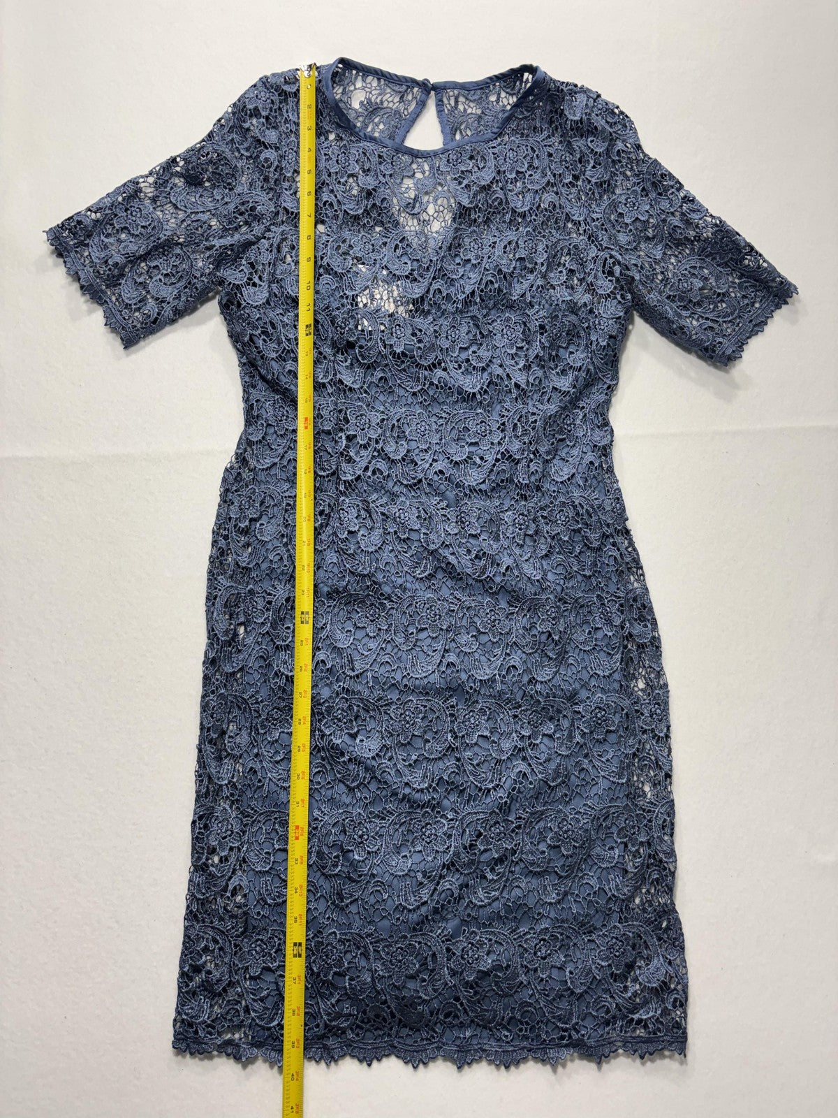 Dressbarn Dress Womens 14 Blue Floral Lace Short Sleeve Sheath Party Cocktail