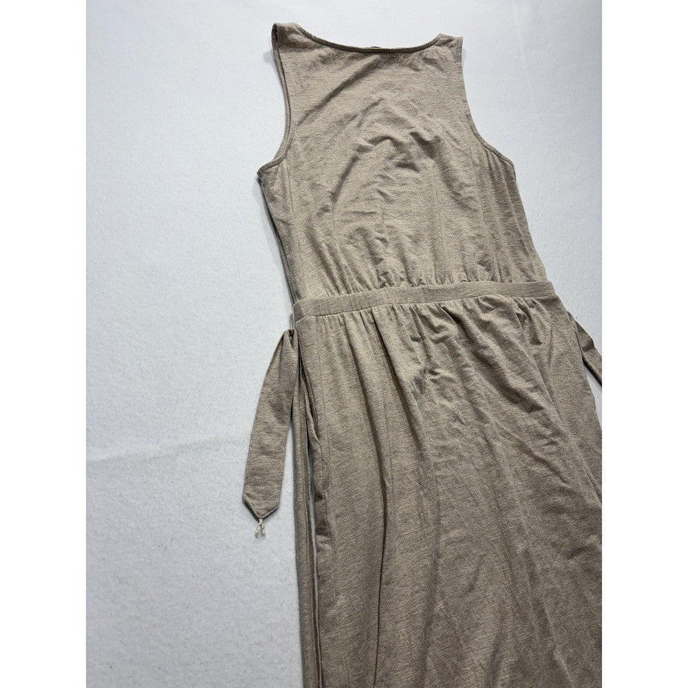 Tommy Bahama Dress Womens Medium Beige Beaded Scoop Neck Belted Hi Low Sundress