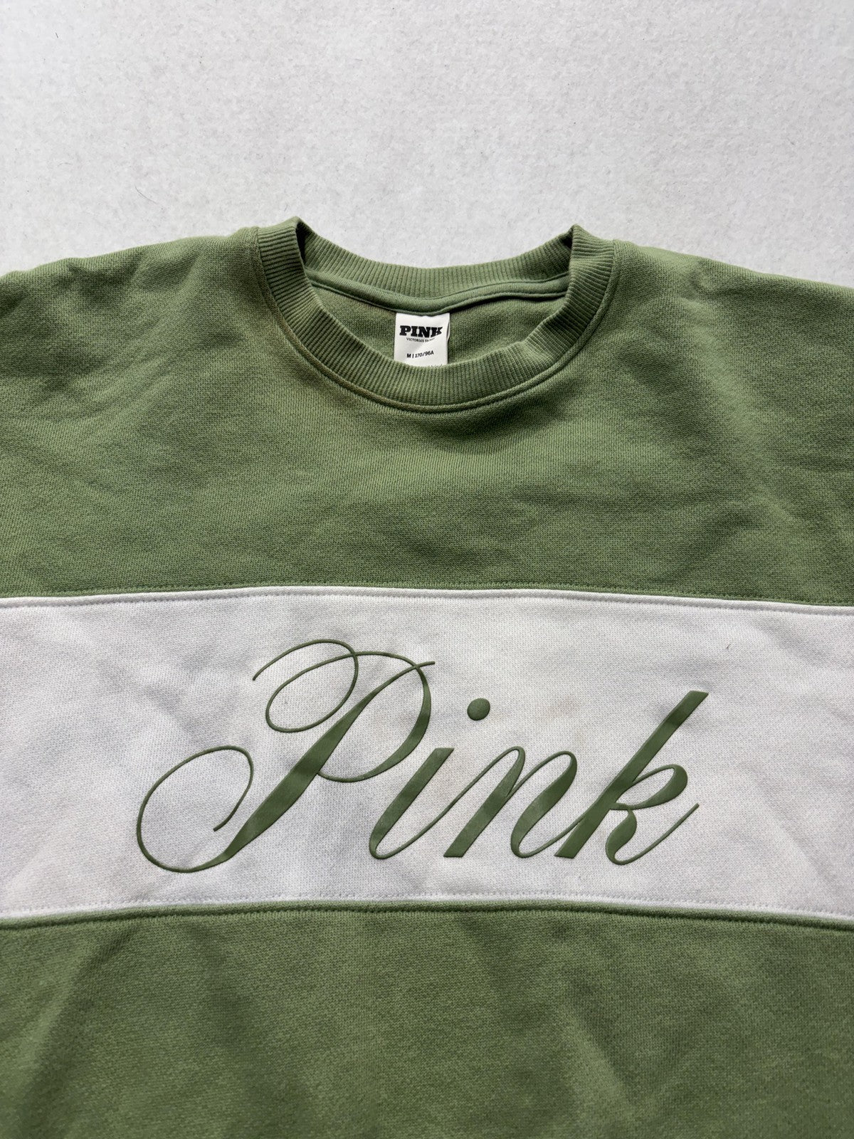 PINK Victoria's Secret Sweatshirt Womens M Green Colorblock Logo Crew Pullover