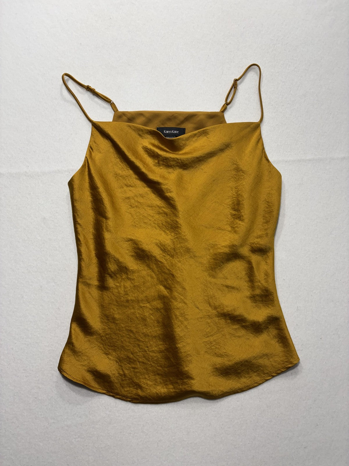 Karen Kane Tank Womens Medium Gold Satin Cowl Neck Adjustable Strap Cami