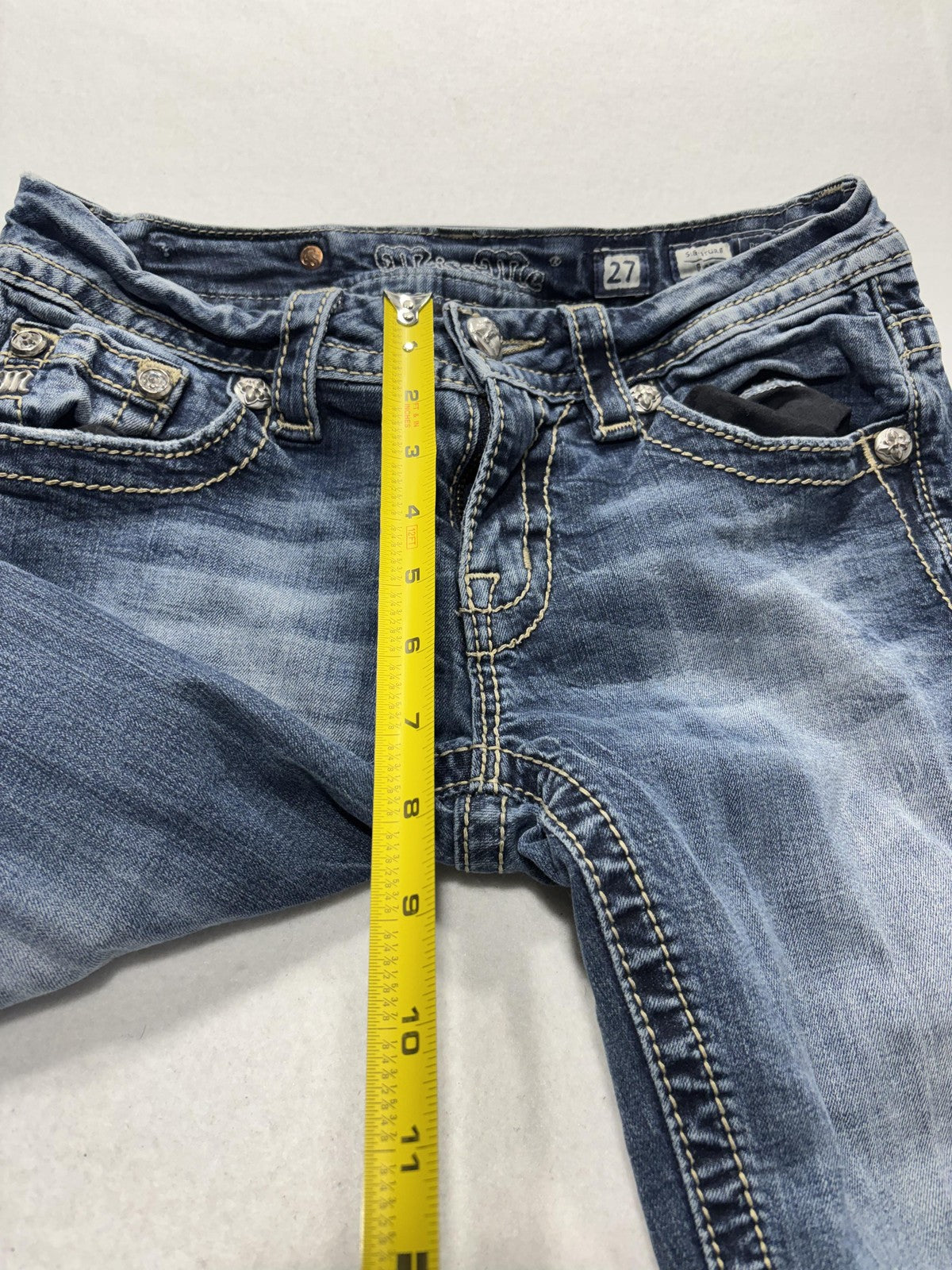 Miss Me Jeans Womens 27 Blue Signature Bootcut Low Rise Embellished 28x33
