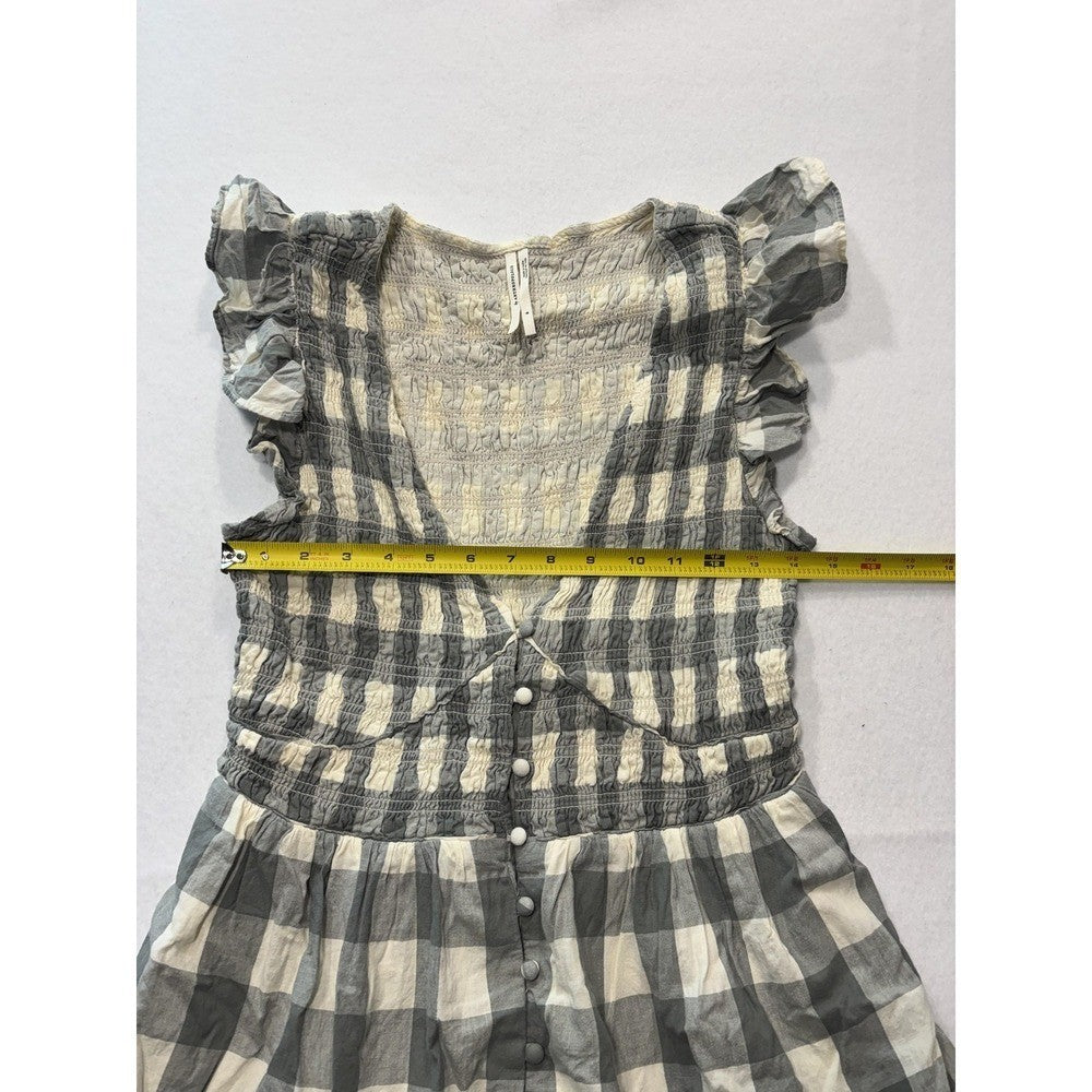 Anthropologie Dress Womens Small Gray Check V Neck Smocked Ruffle Sundress Boho