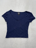 Derek Heart Shirt Womens Medium Blue V Neck Ribbed Cropped Tee Casual Stretch