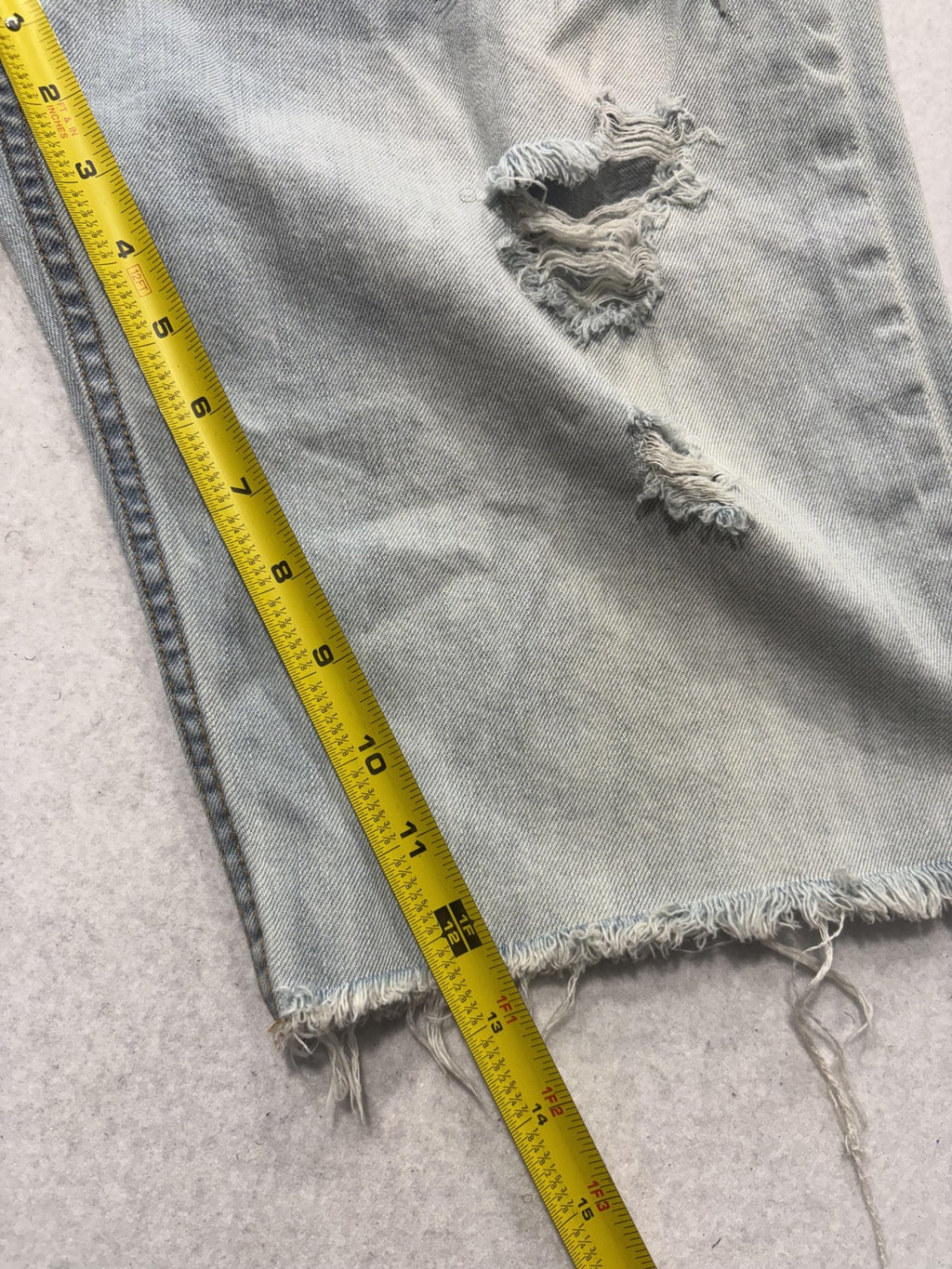 H&M Bermuda Shorts Mens 32 Blue Denim 12" Inseam Distressed Cut Off Frayed Hem