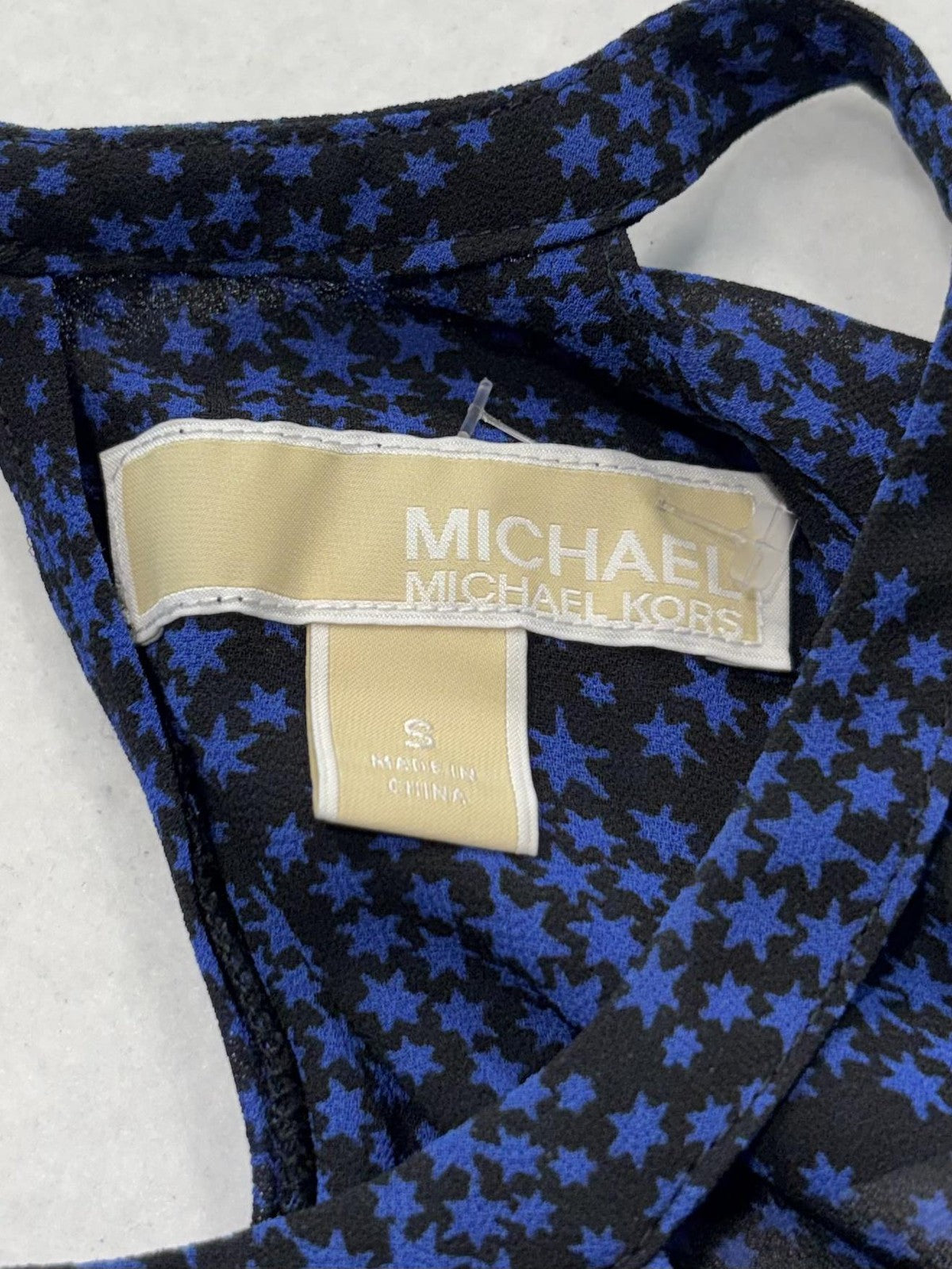 MICHAEL Michael Kors Blouse Womens Small Blue Star Print High Neck Ruffle Sheer