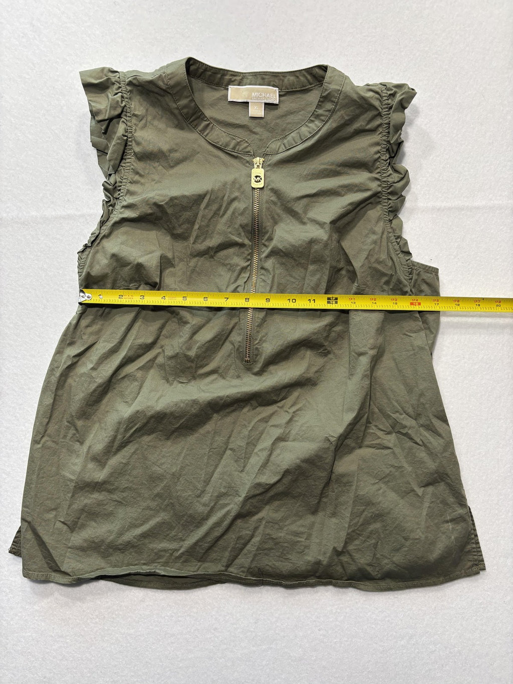 Michael Kors Blouse Womens XL Green Crew Neck Ruffle Sleeveless Half Zip Top