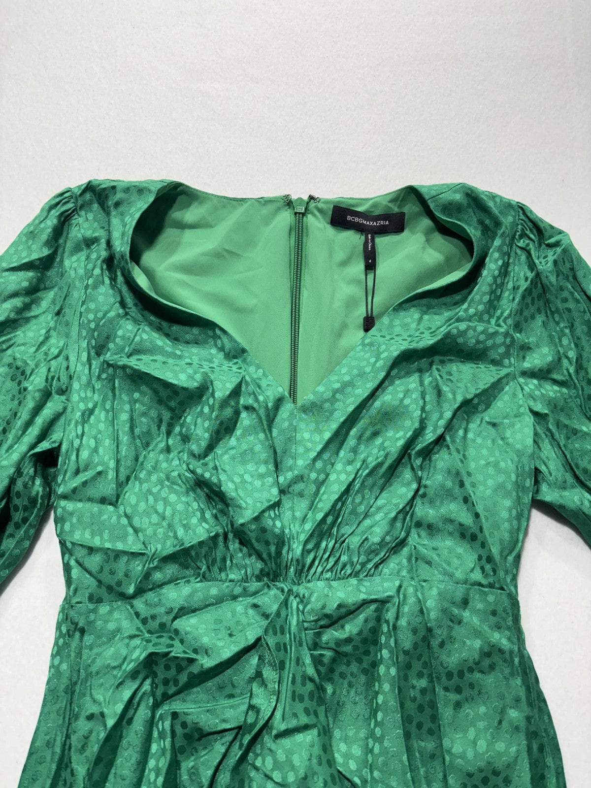 BCBGMAXAZRIA Dress Womens 4 Green Jacquard Sweetheart Ruffle Ruched Mini Party