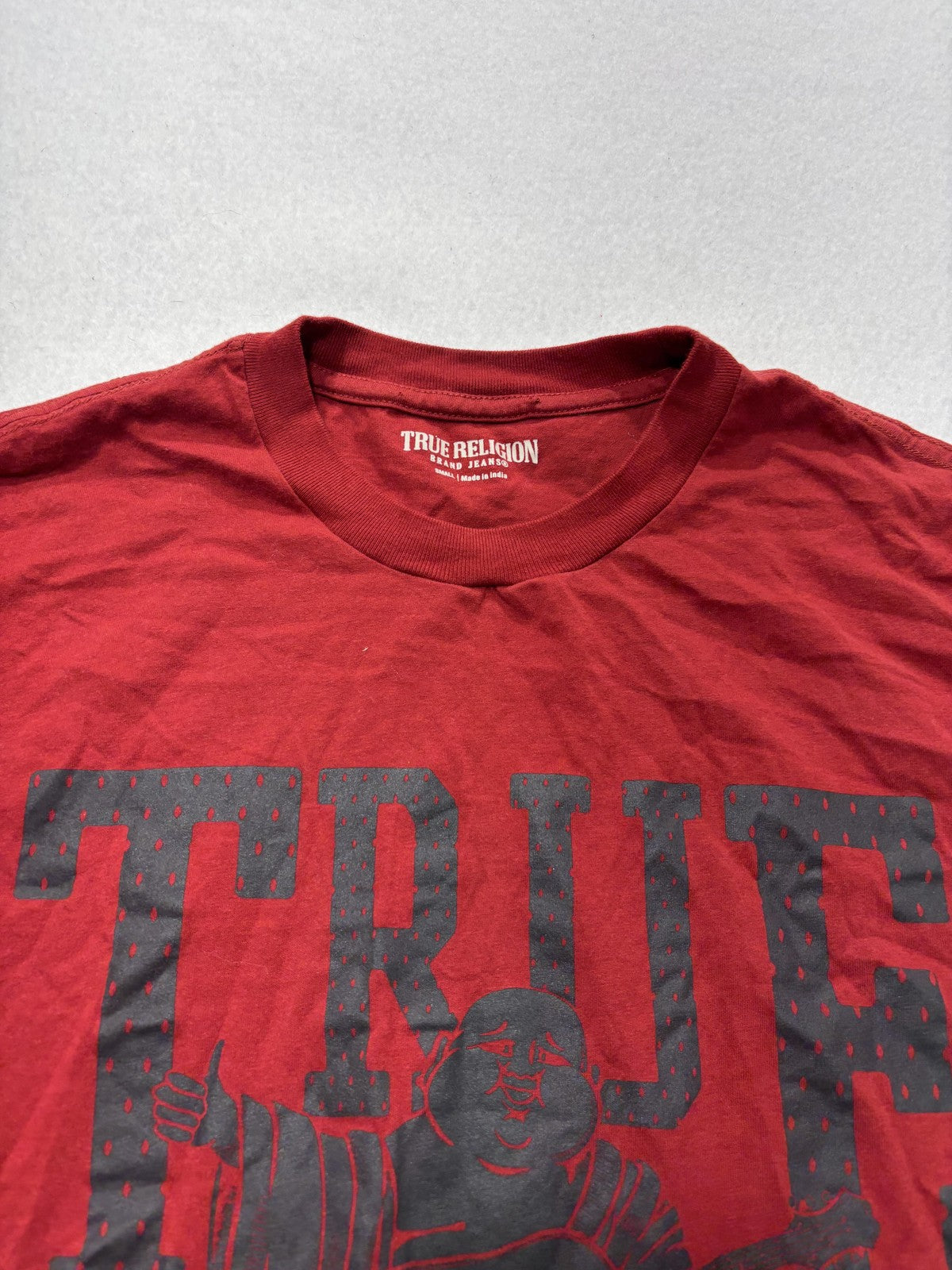 True Religion Shirt Mens Small Red Buddha Logo Graphic Tee Short Sleeve Cotton