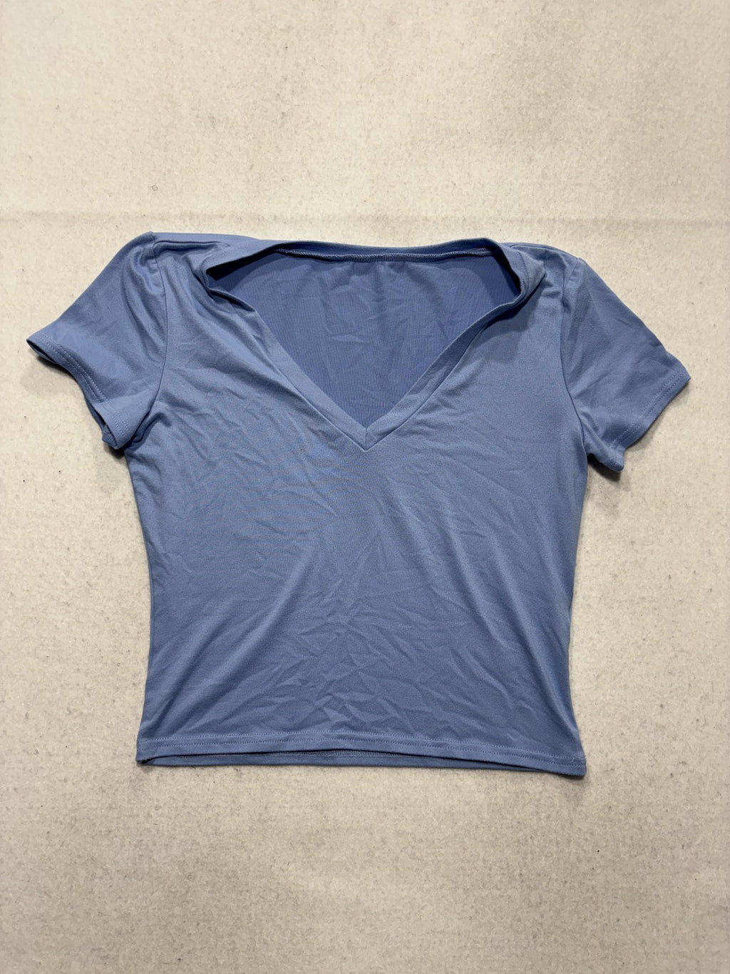 Blue V Neck Short Sleeve Cropped Stretch Tee Shirt Womens Medium C187V0V657