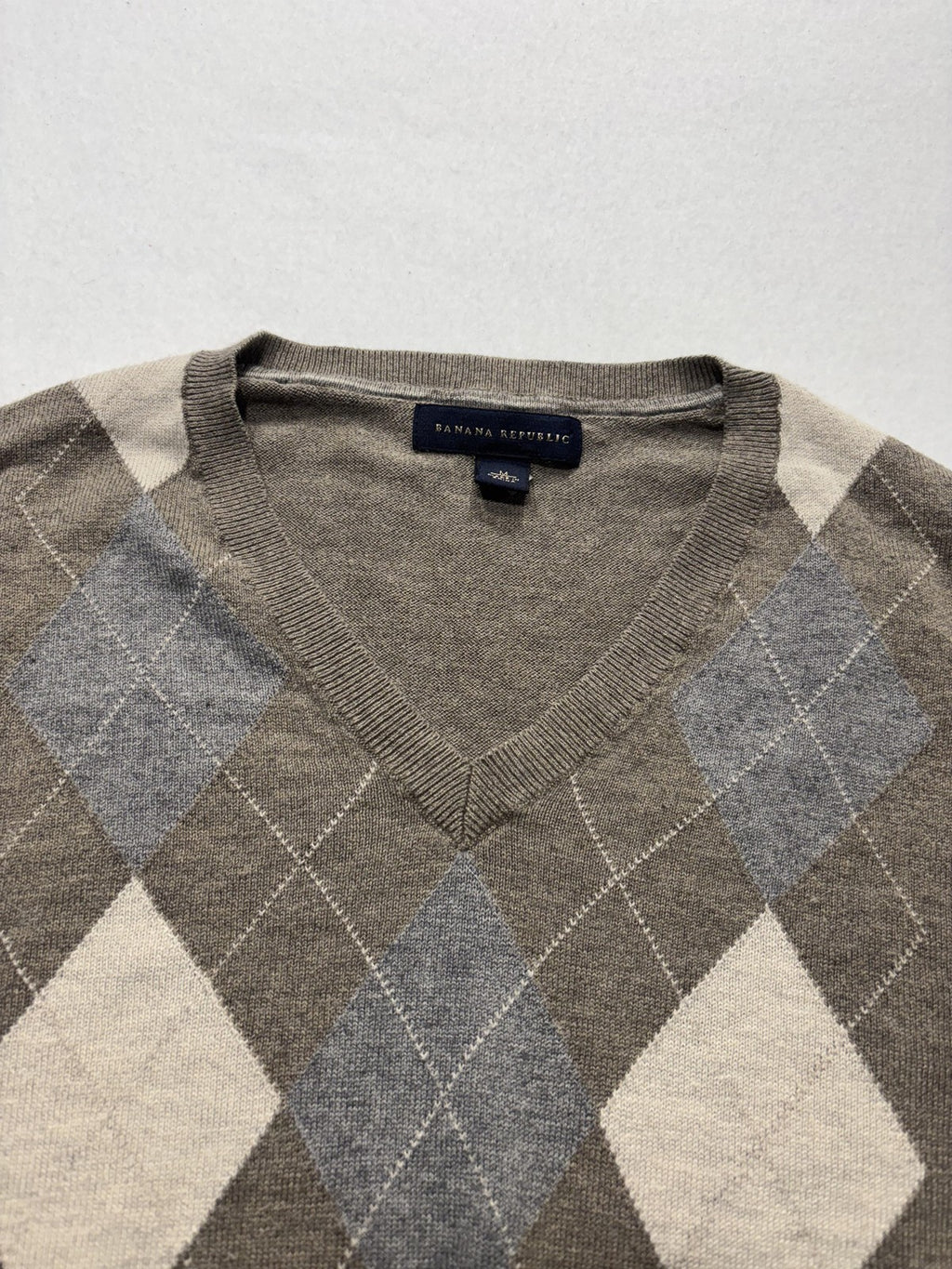 Banana Republic Sweater Mens Medium Brown Argyle V Neck Silk Blend Knit Pullover