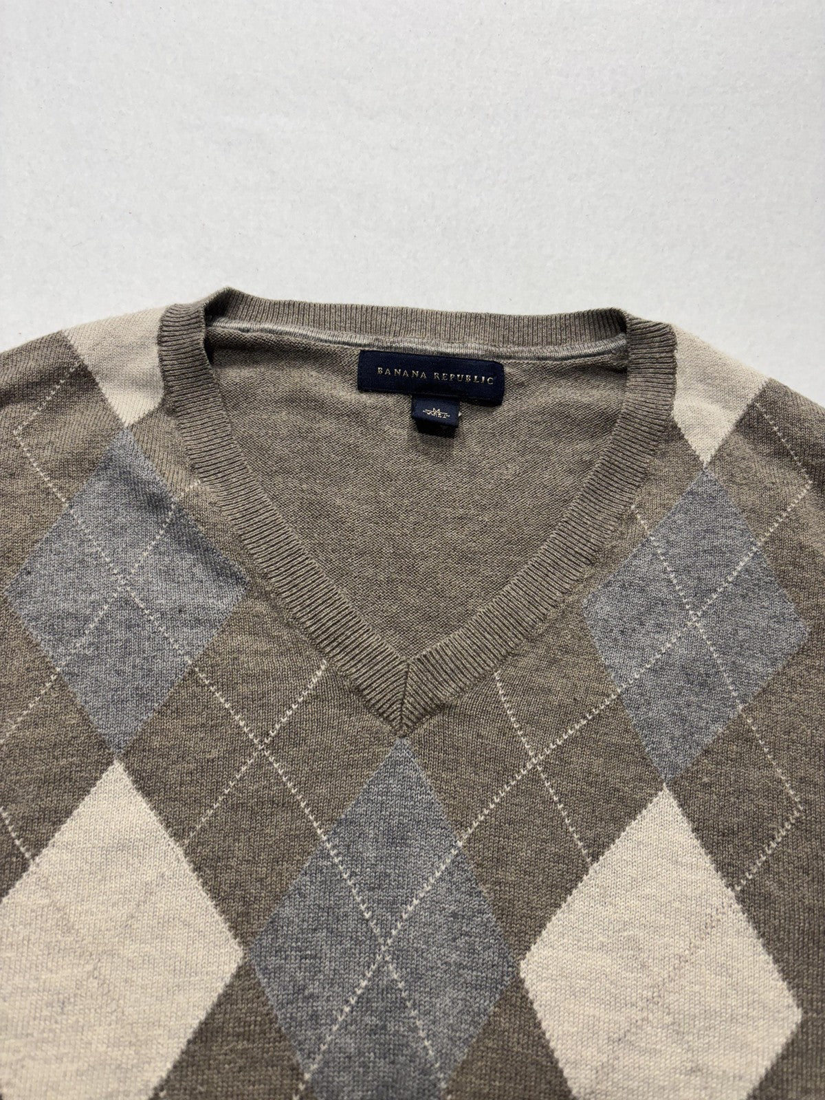 Banana Republic Sweater Mens Medium Brown Argyle V Neck Silk Blend Knit Pullover