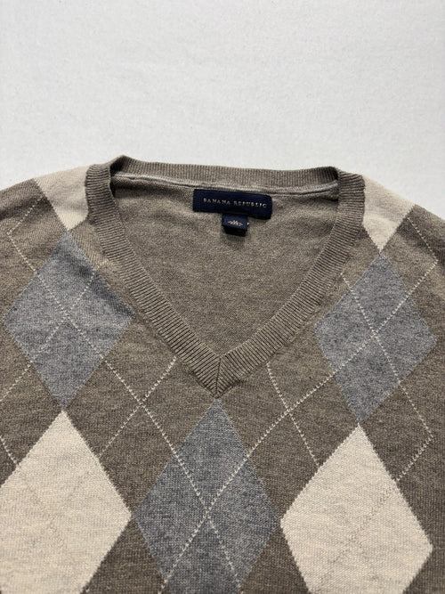 Banana Republic Sweater Mens Medium Brown Argyle V Neck Silk Blend Knit Pullover