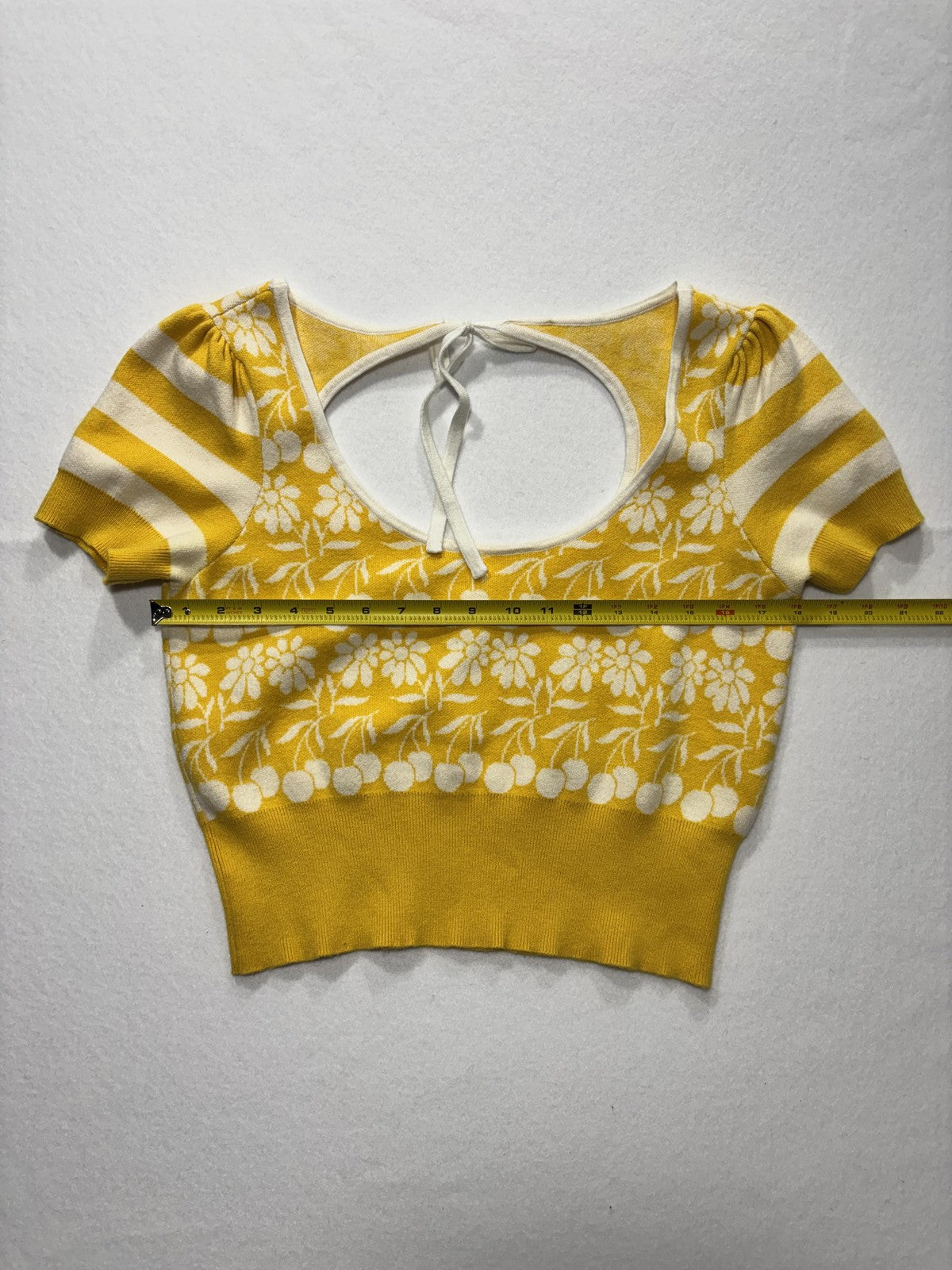 Maeve Sweater Womens Medium Yellow Floral Puff Sleeve Scoop Neck Tie Back Crop