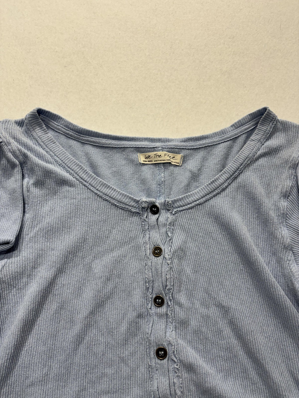 We The Free Shirt Womens XS Blue Scoop Neck Puff Sleeve Cropped Button Knit Top